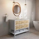 Olena 48" Single Vanity, Light Mappa Burl and Polished White, w/ 3 CM Siberian Silestone Top w/FreePower Wireless Charger
