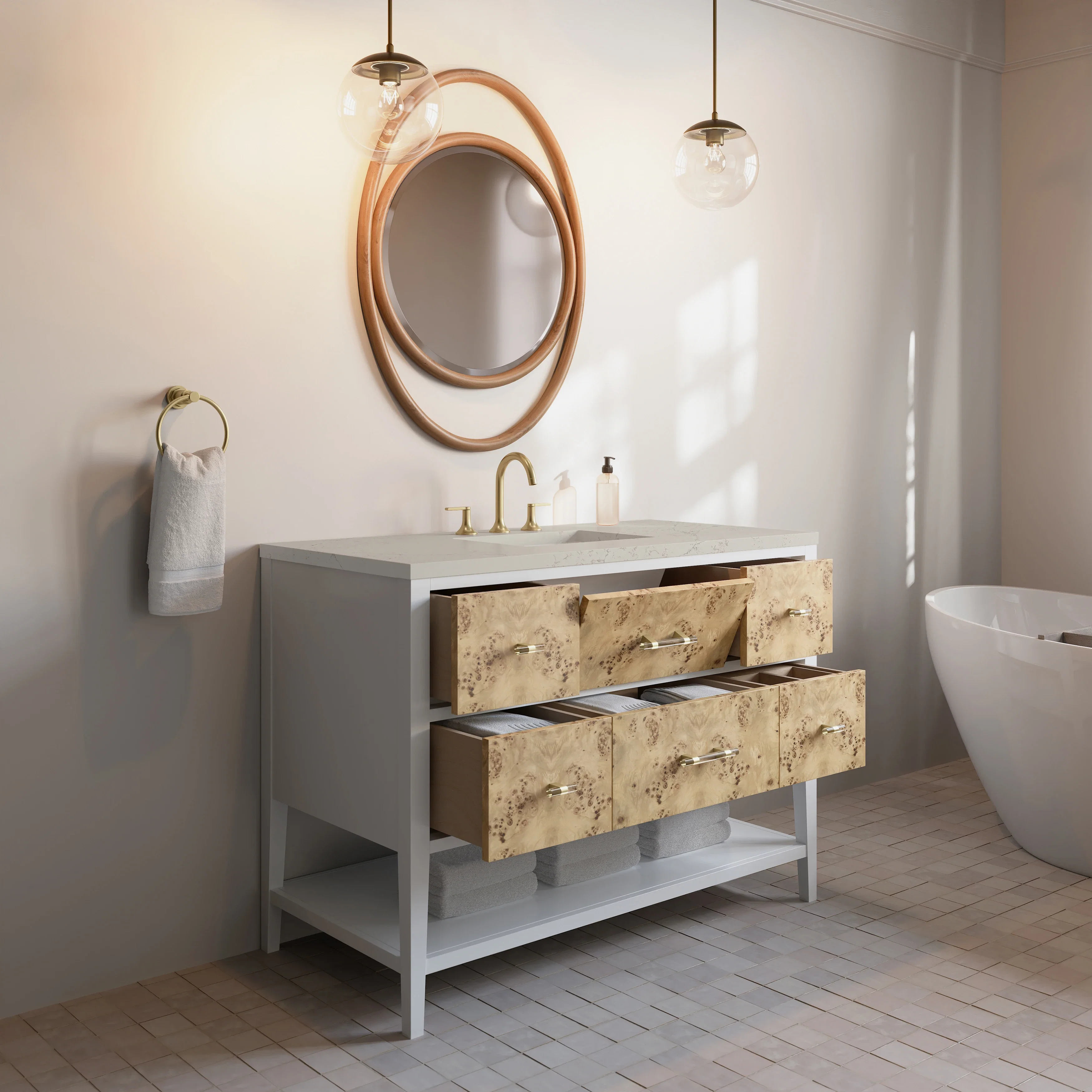 Olena 48" Single Vanity, Light Mappa Burl and Polished White, w/ 3 CM Siberian Silestone Top w/FreePower Wireless Charger