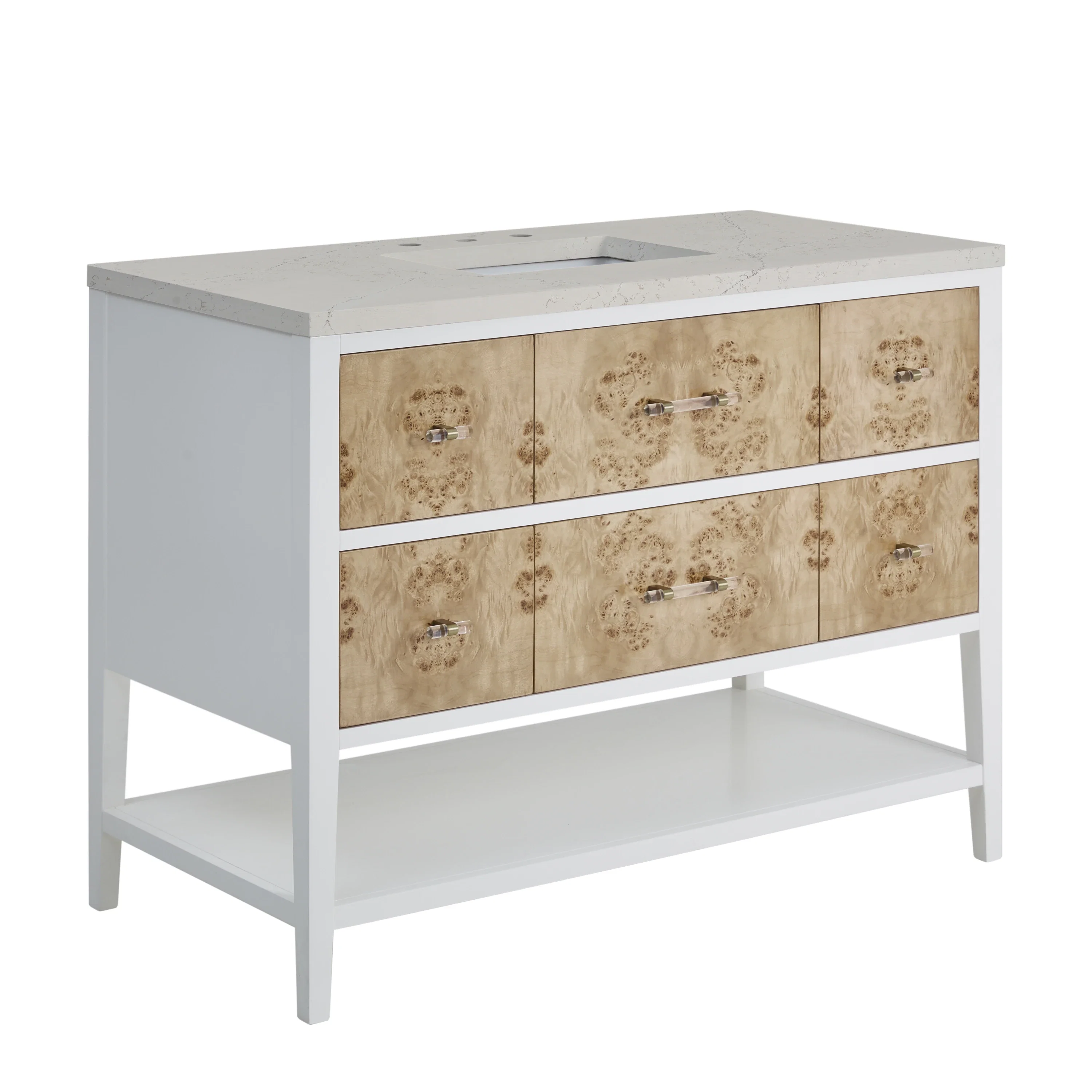 Olena 48" Single Vanity, Light Mappa Burl and Polished White, w/ 3 CM Siberian Silestone Top w/FreePower Wireless Charger