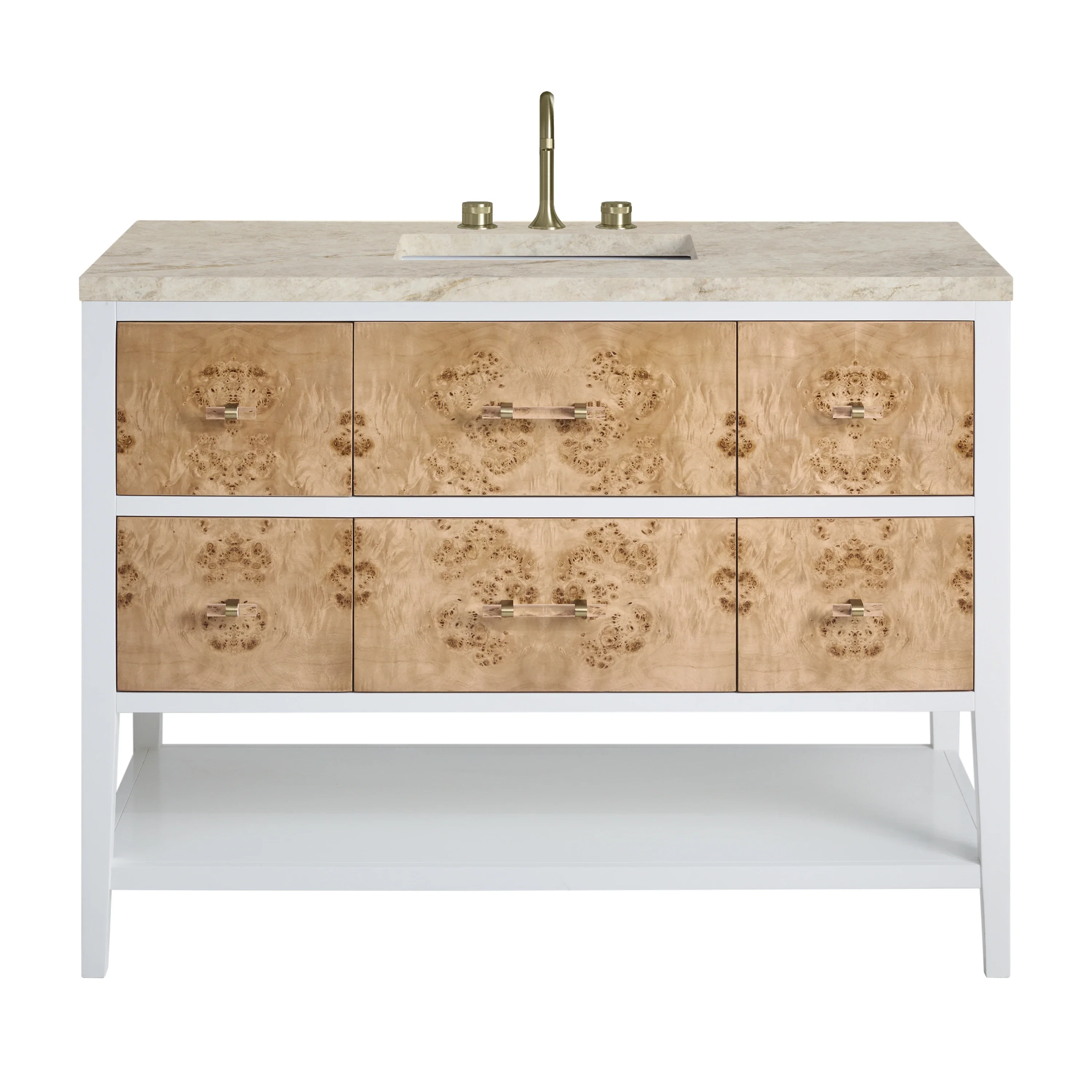Olena 48" Single Vanity, Light Mappa Burl and Polished White, w/ 3 CM Tajnar Eclos Top w/FreePower Wireless Charger