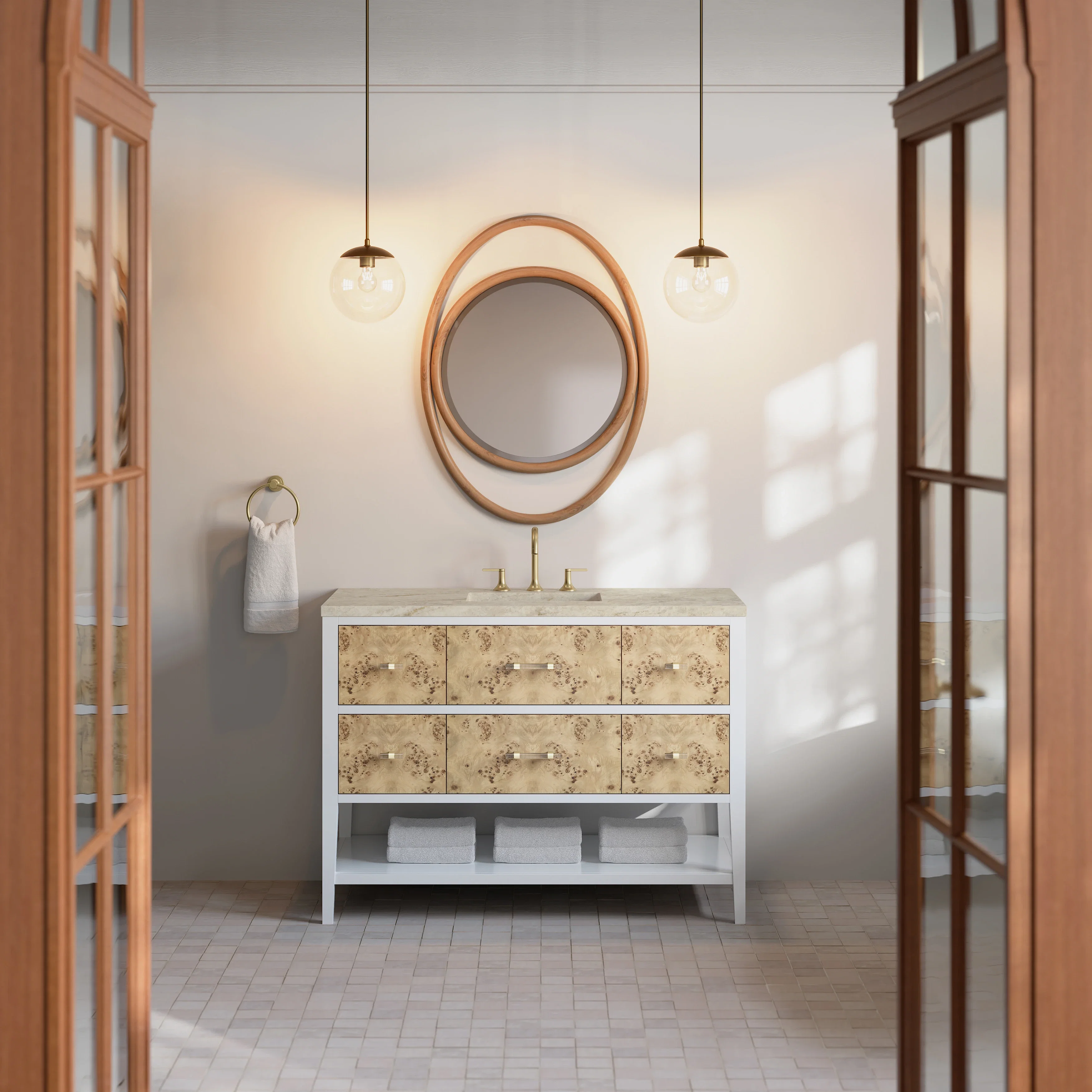Olena 48" Single Vanity, Light Mappa Burl and Polished White, w/ 3 CM Tajnar Eclos Top w/FreePower Wireless Charger