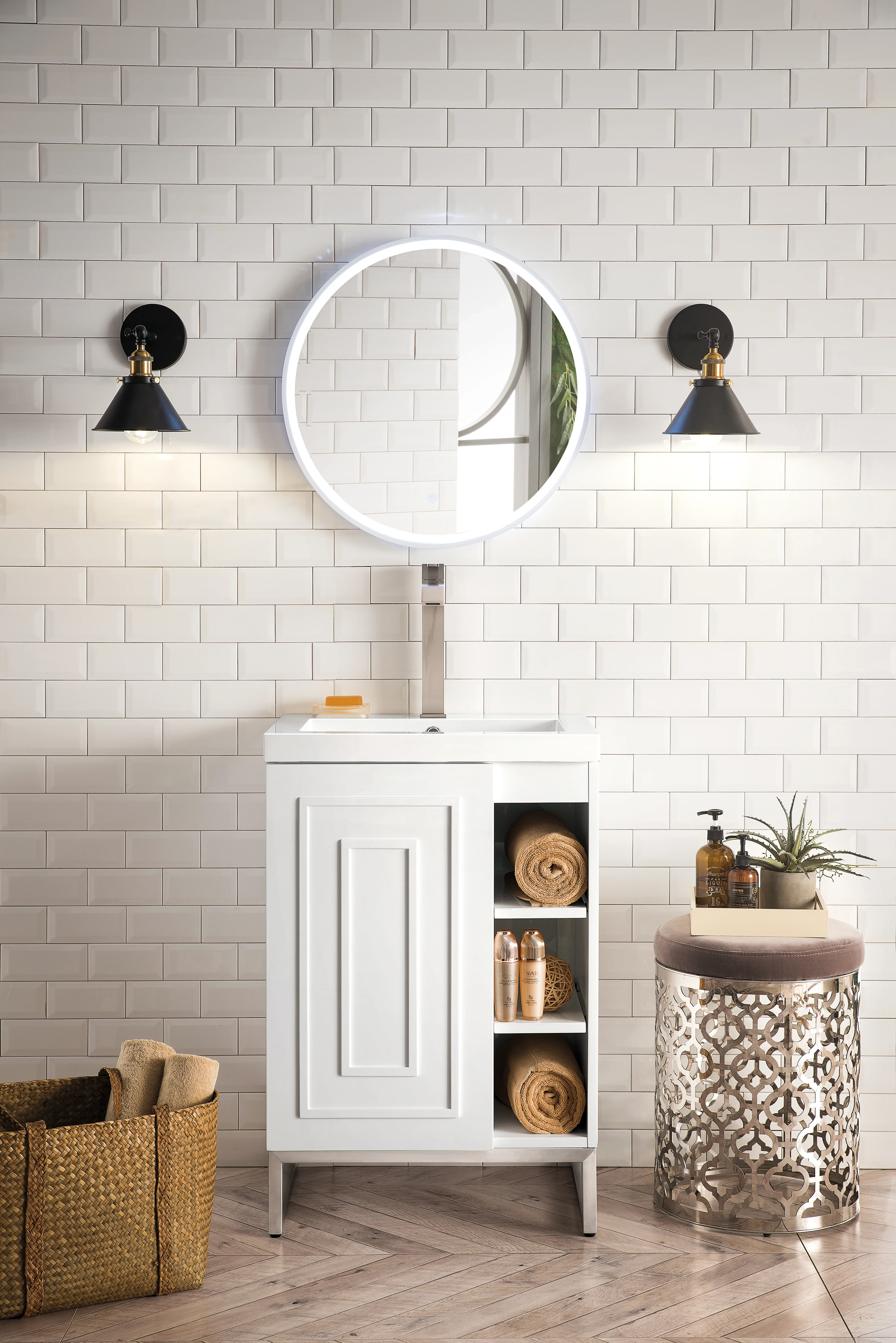 Alicante 24" Single Vanity, Glossy White, Brushed Nickel w/ White Glossy Composite Stone Top