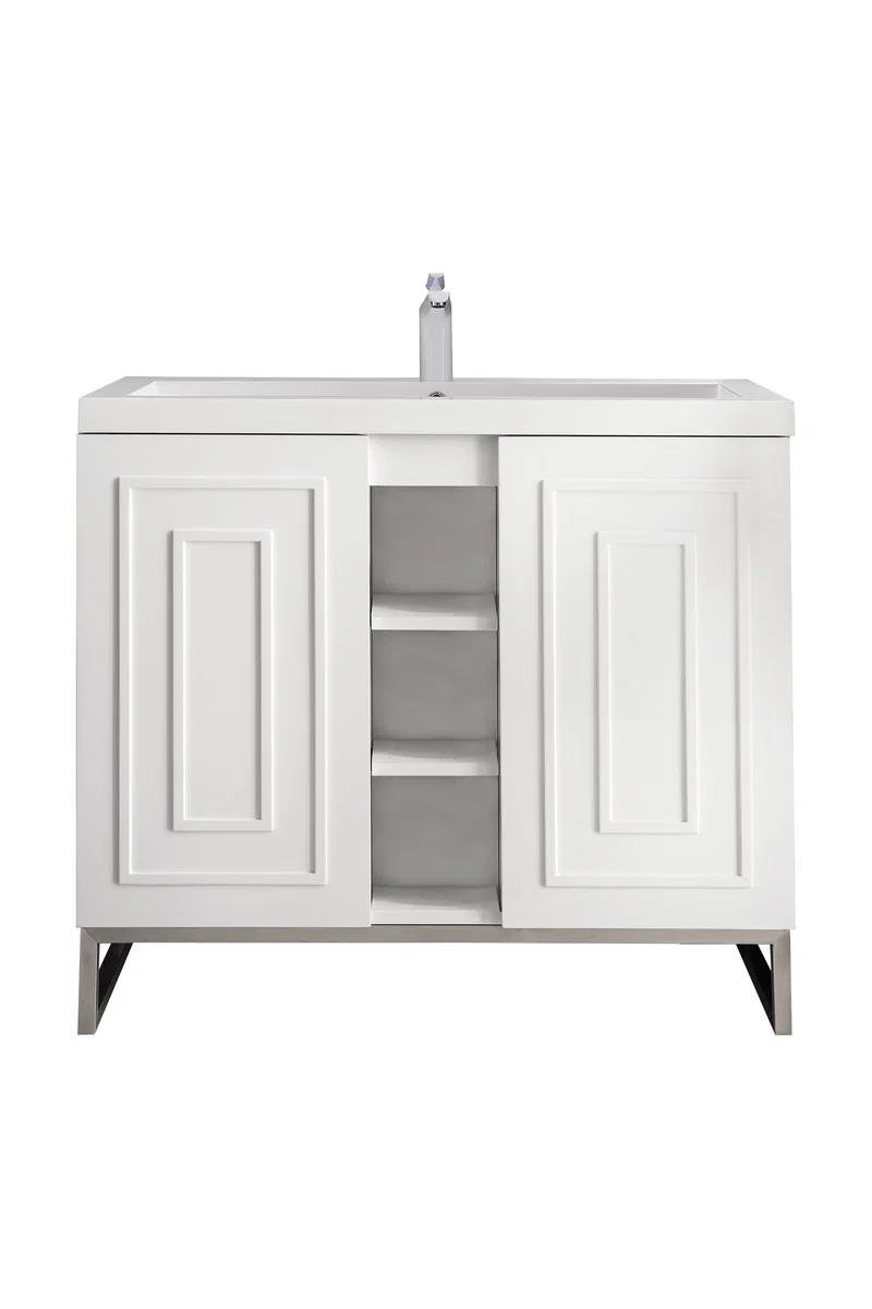 Alicante 39.5" Single Vanity, Glossy White, Brushed Nickel w/ White Glossy Composite Stone Top