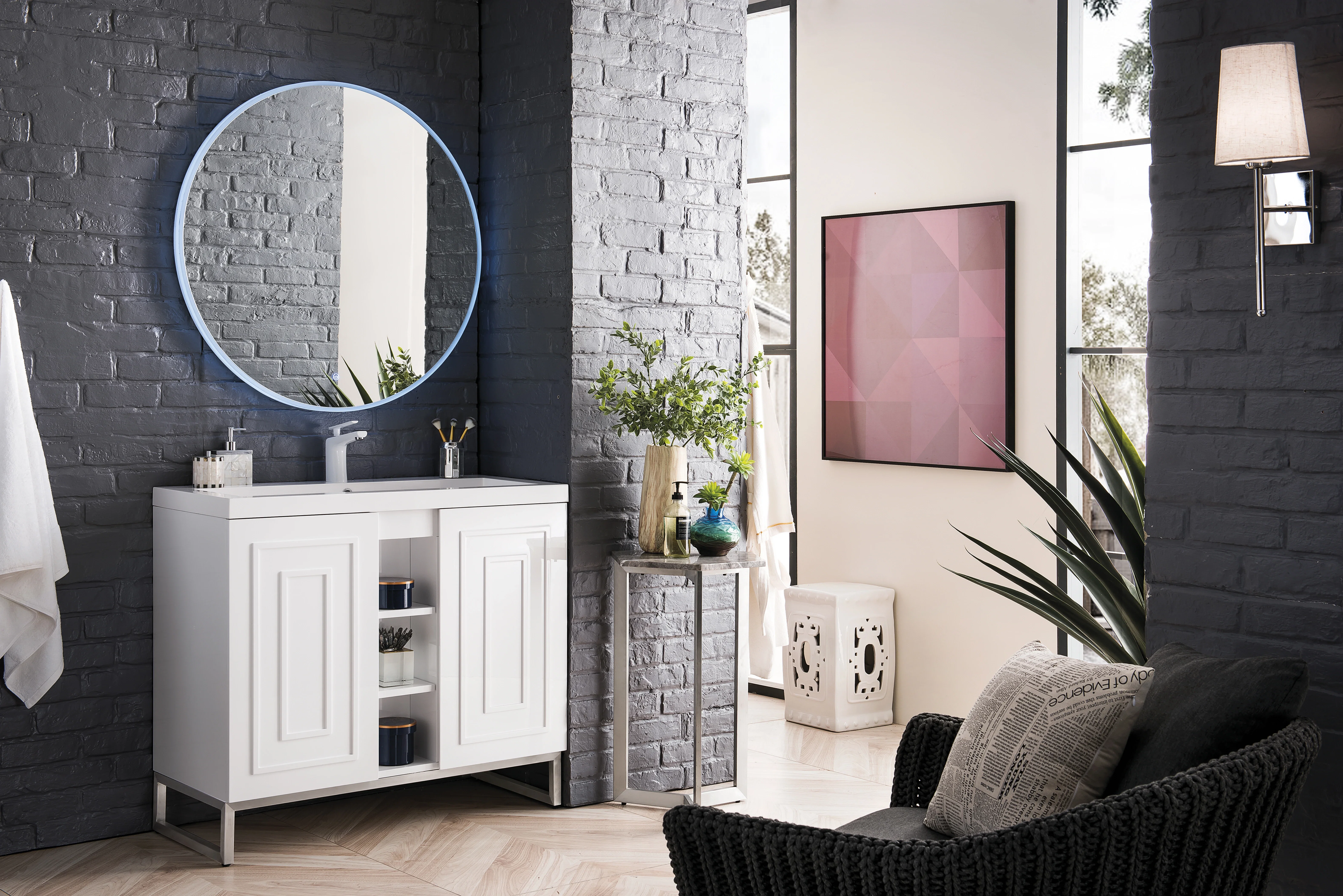 Alicante 39.5" Single Vanity, Glossy White, Brushed Nickel w/ White Glossy Composite Stone Top