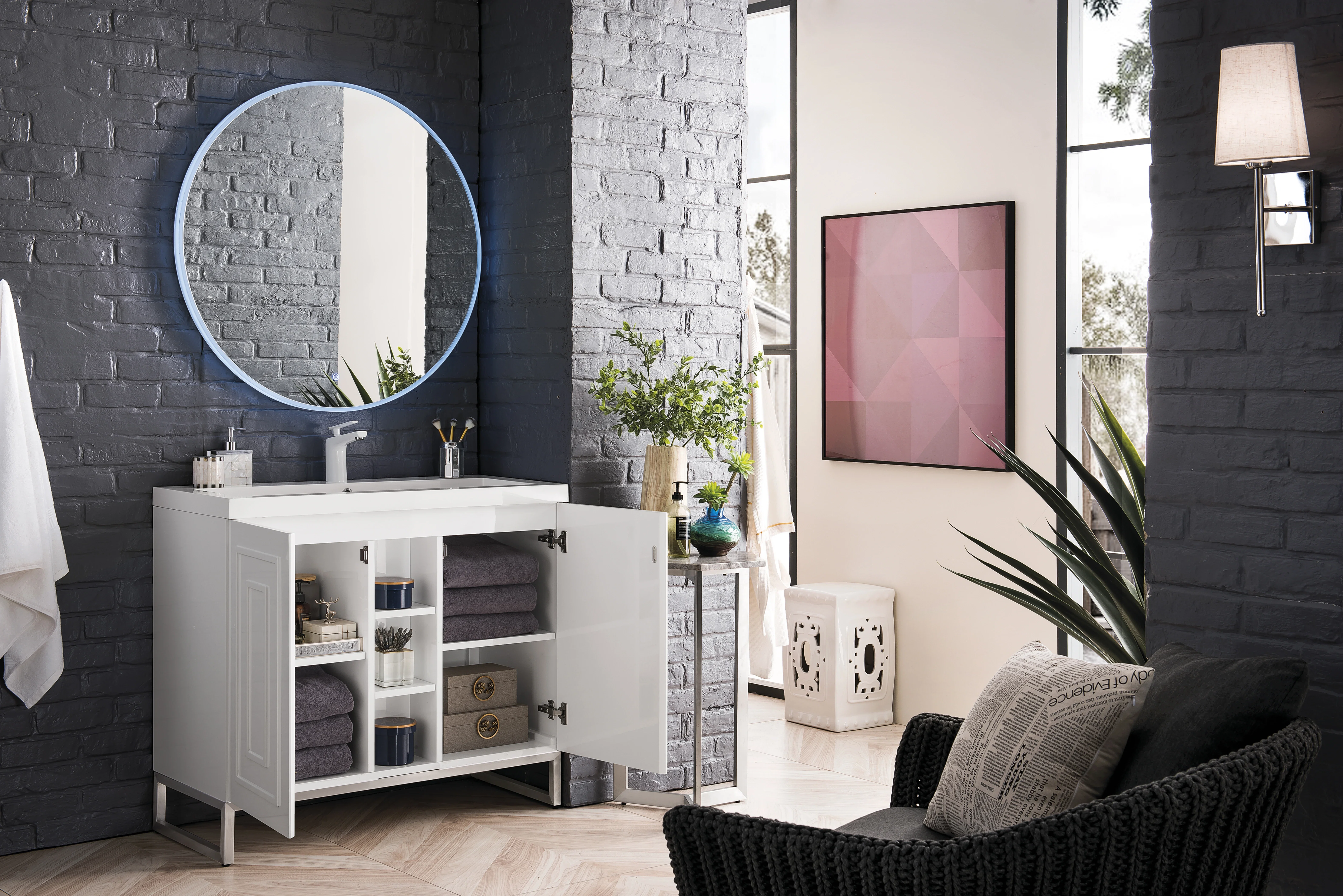 Alicante 39.5" Single Vanity, Glossy White, Brushed Nickel w/ White Glossy Composite Stone Top
