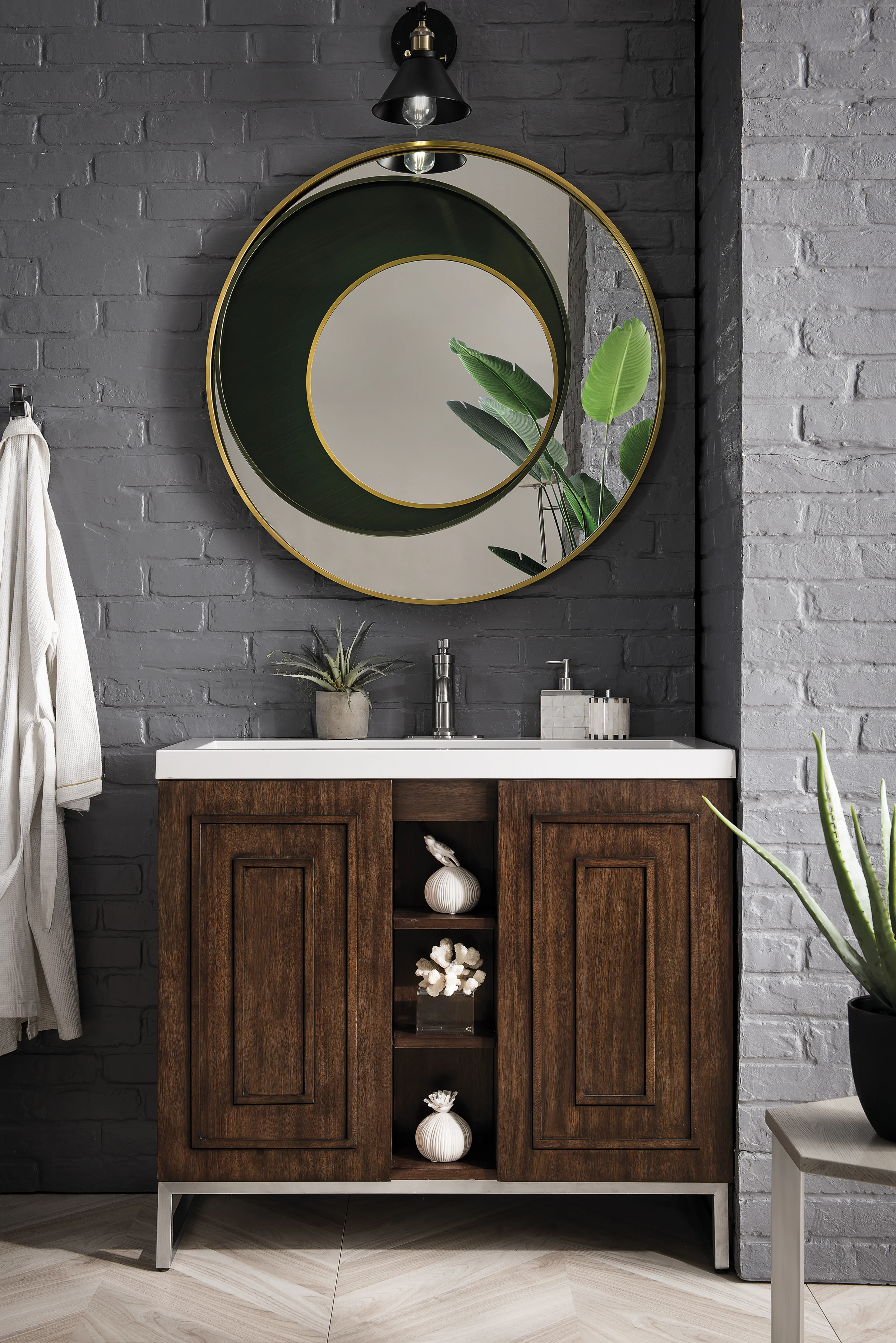 Alicante 39.5" Single Vanity, Mid-Century Acacia, Brushed Nickel w/ White Glossy Composite Stone Top