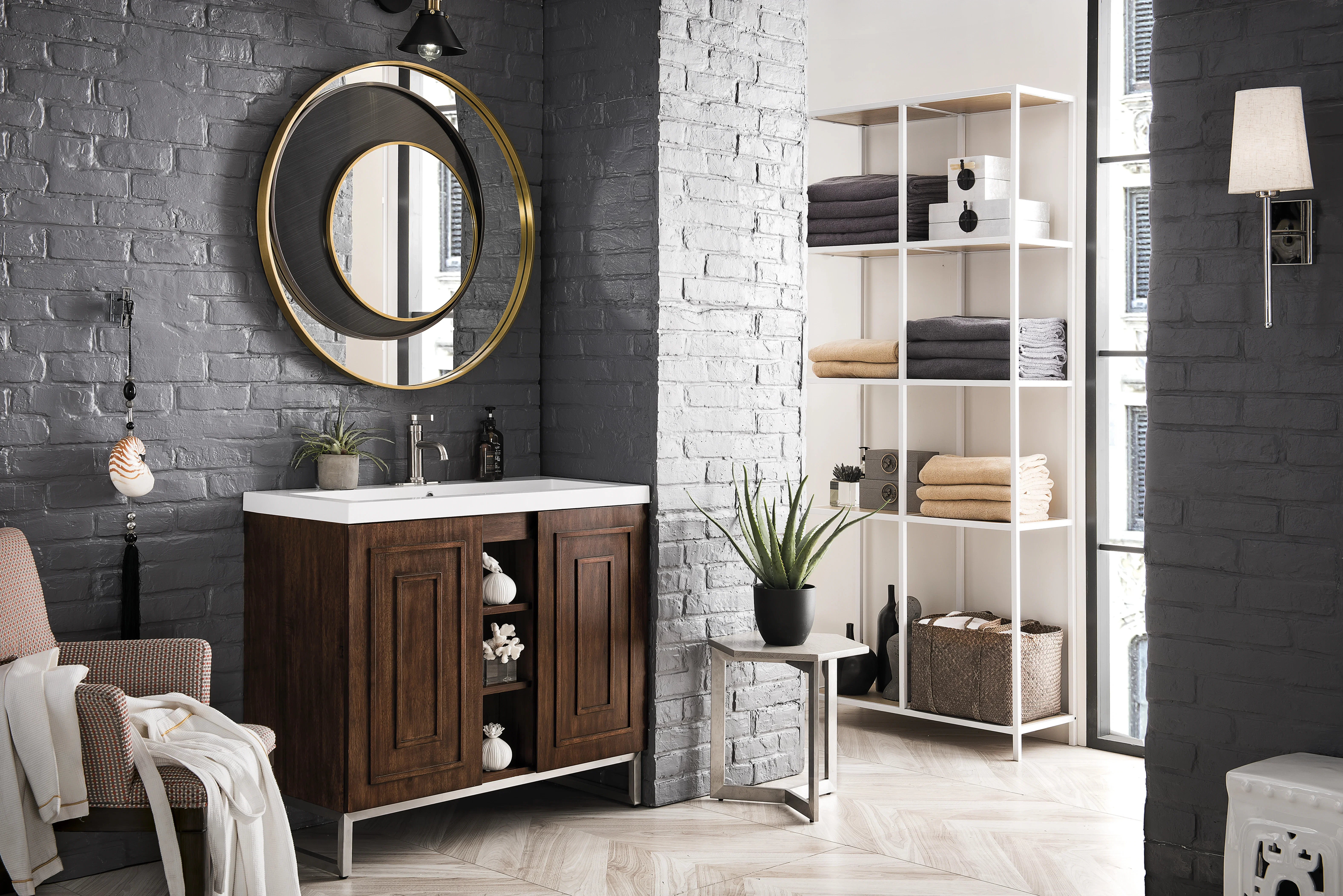 Alicante 39.5" Single Vanity, Mid-Century Acacia, Brushed Nickel w/ White Glossy Composite Stone Top
