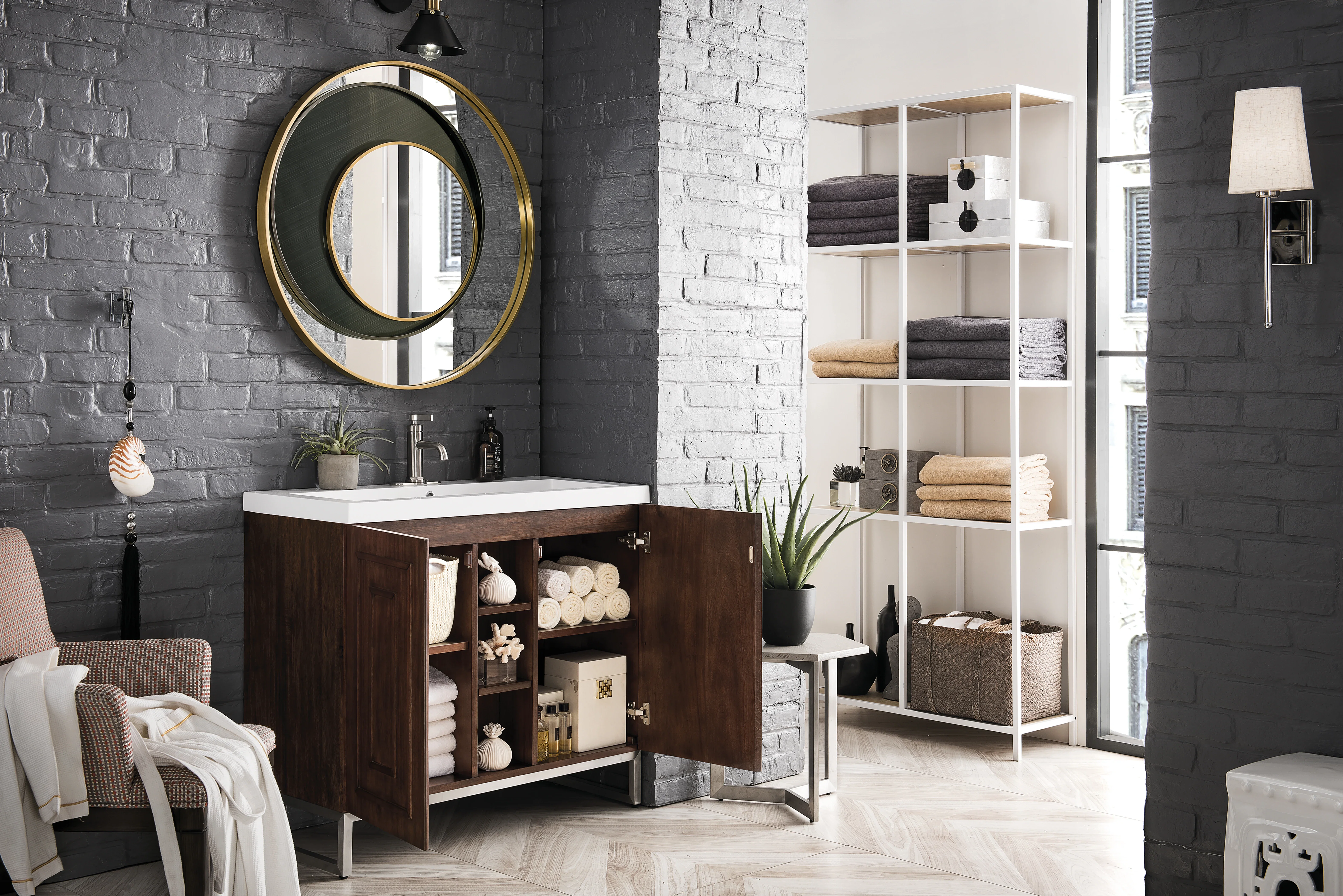 Alicante 39.5" Single Vanity, Mid-Century Acacia, Brushed Nickel w/ White Glossy Composite Stone Top