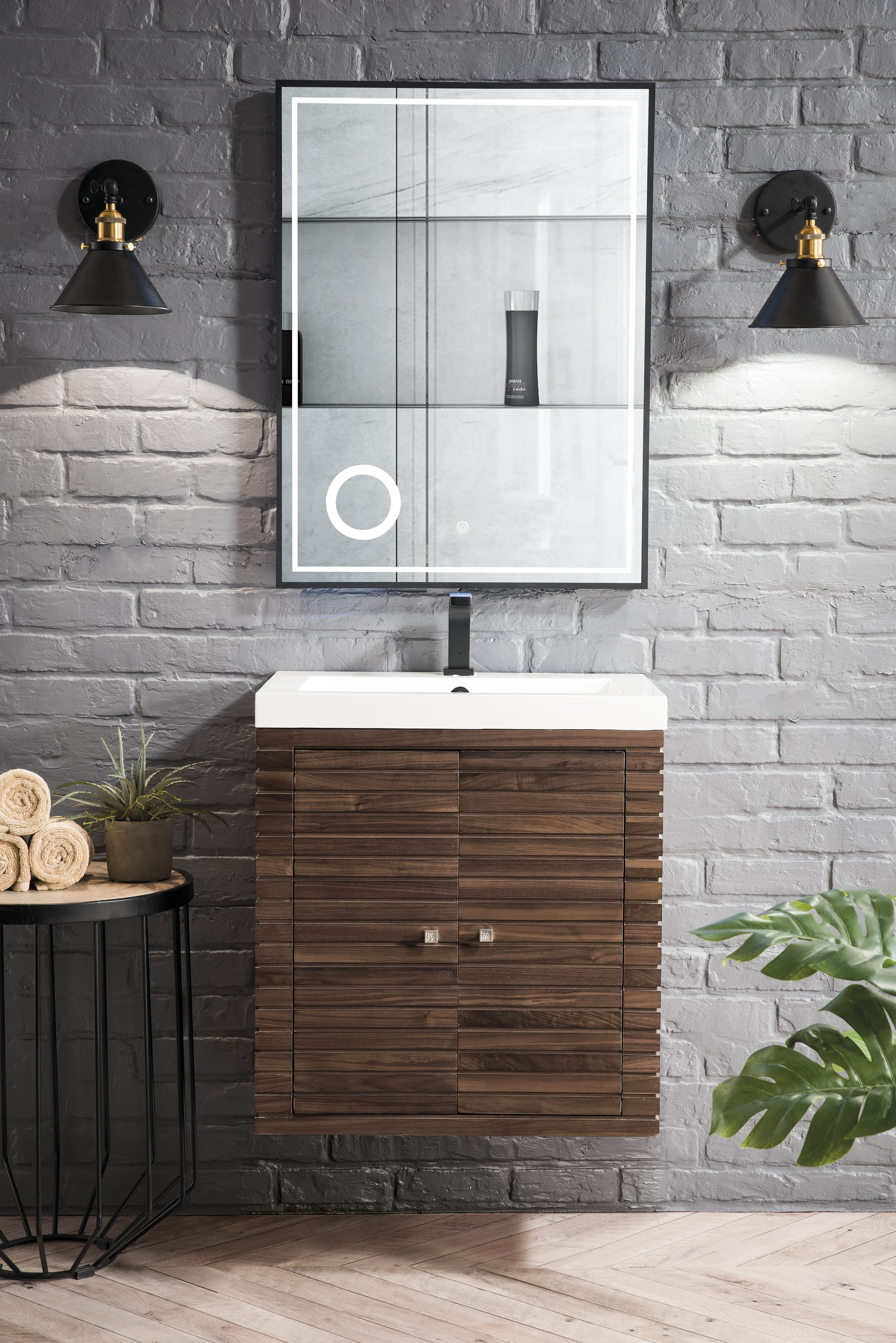 Linden 24" Single Vanity, Mid-Century Walnut w/ White Glossy Composite Stone Top