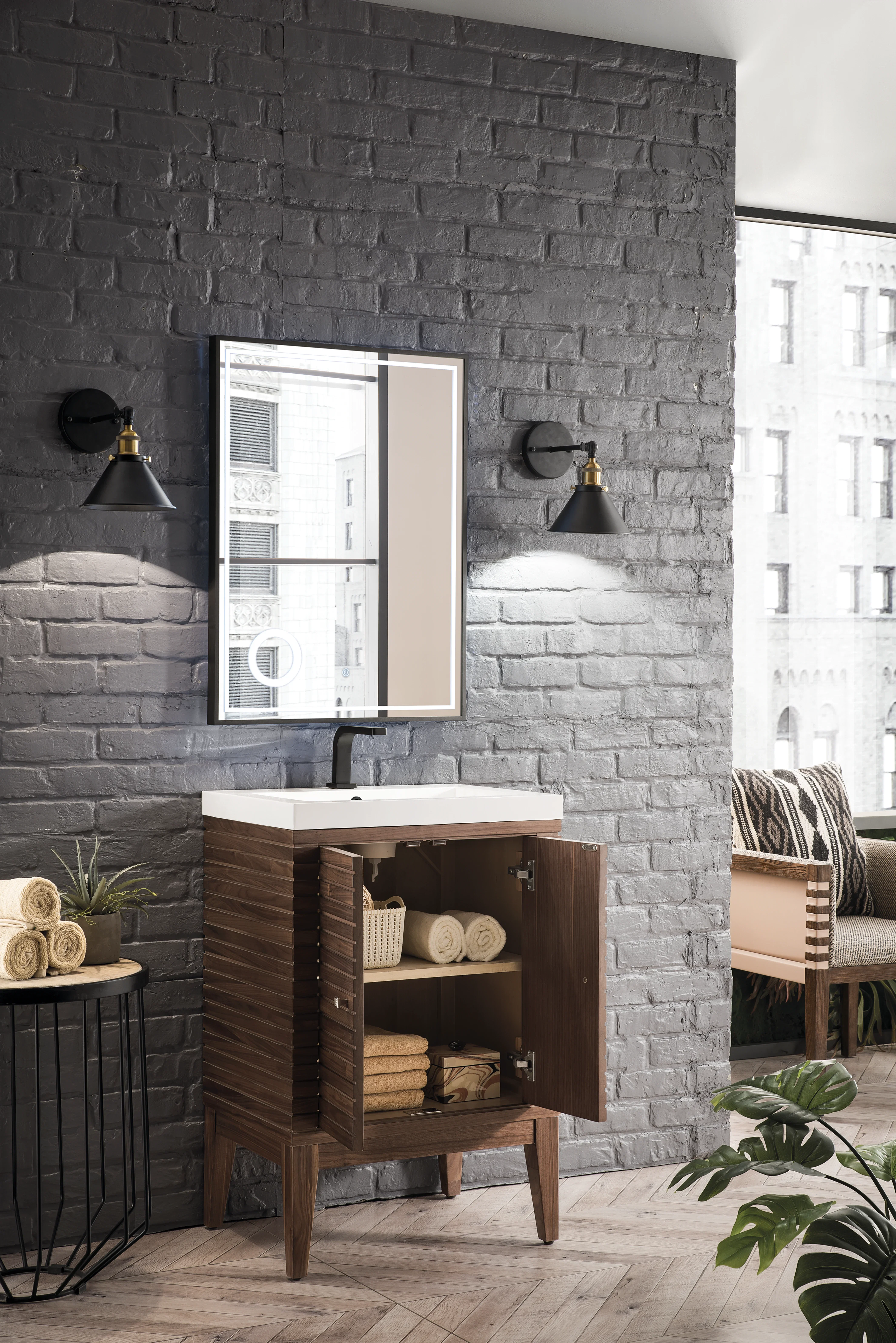 Linden 24" Single Vanity, Mid-Century Walnut w/ White Glossy Composite Stone Top