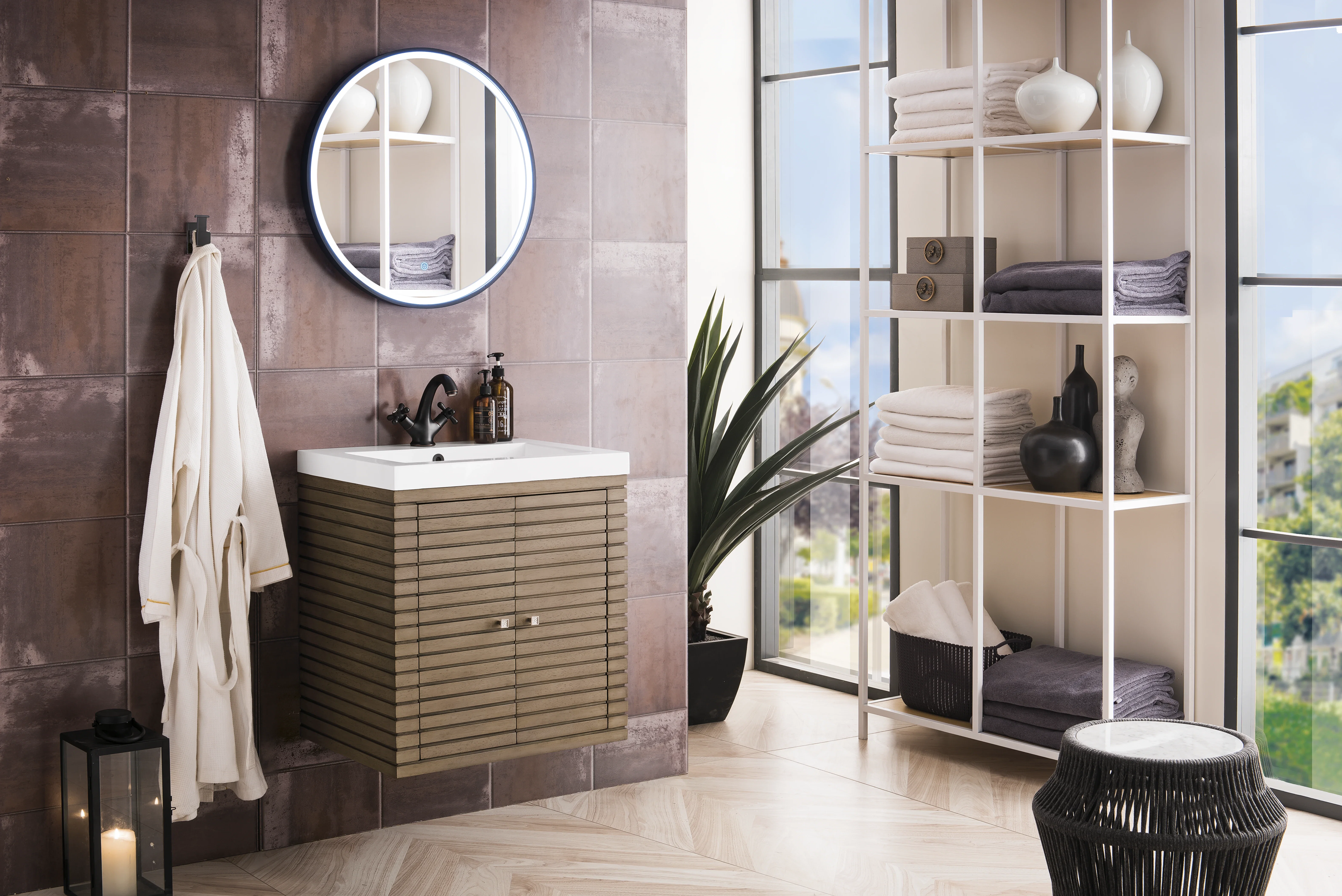 Linden 24" Single Vanity, Whitewashed Walnut w/ White Glossy Composite Stone Top