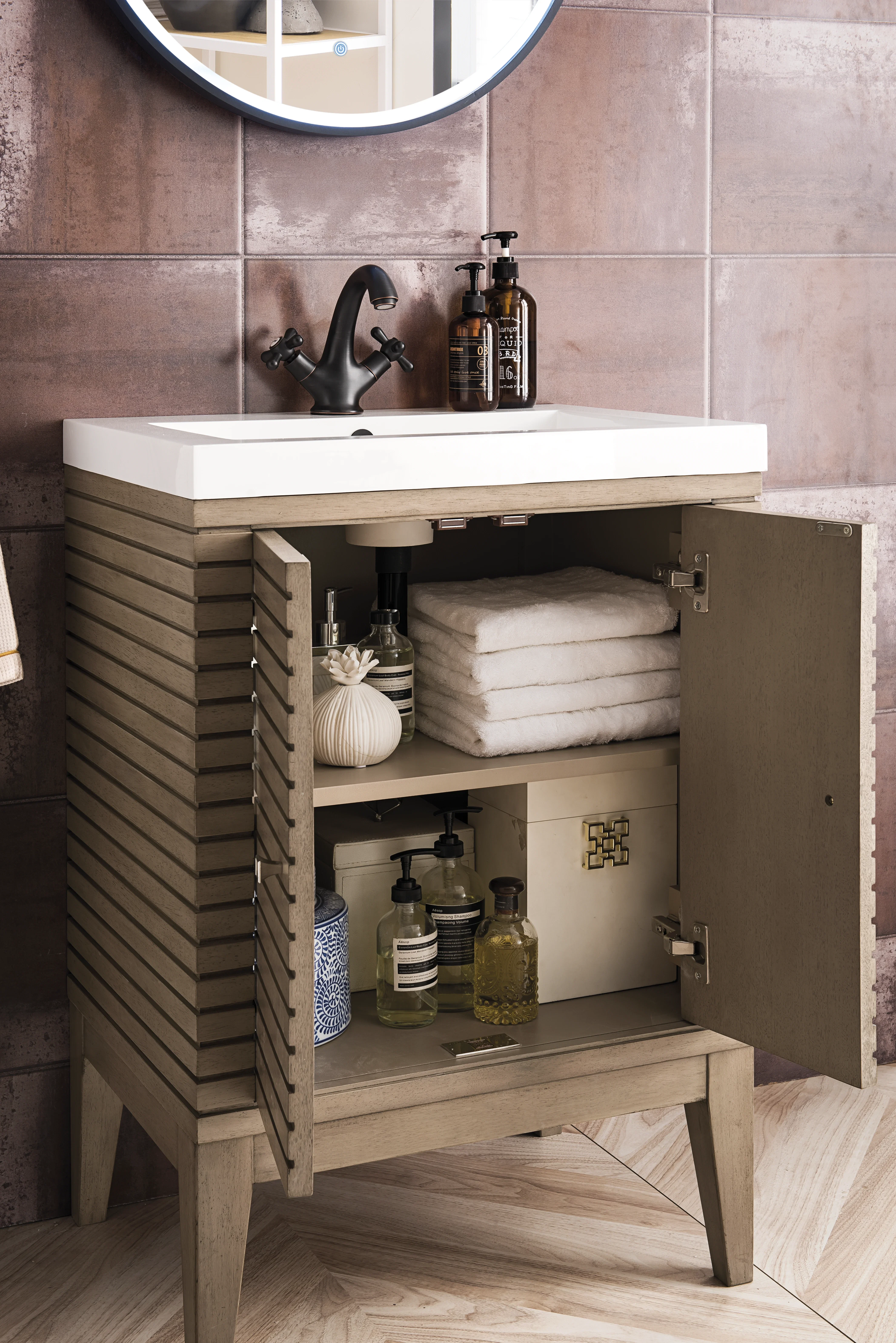Linden 24" Single Vanity, Whitewashed Walnut w/ White Glossy Composite Stone Top