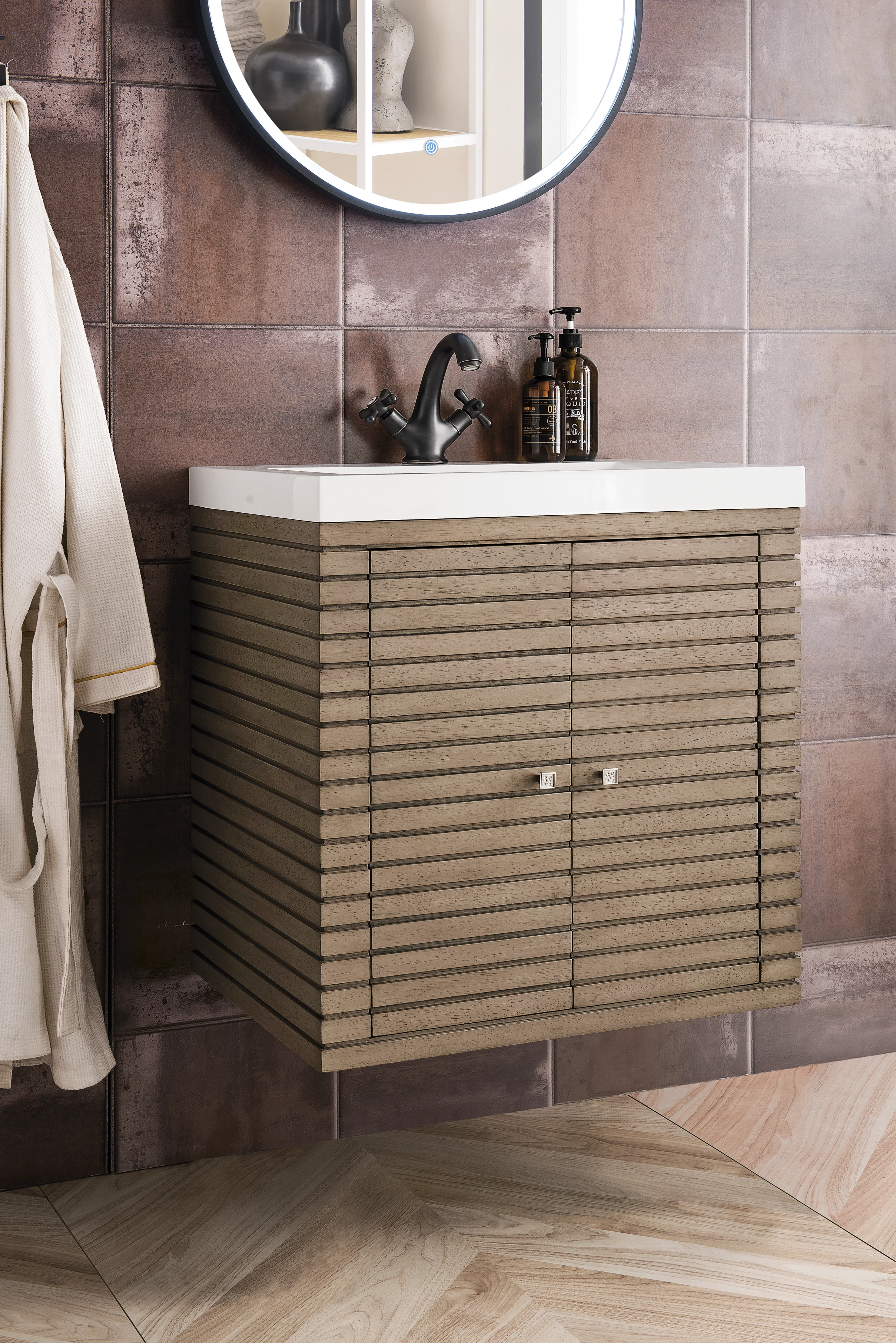 Linden 24" Single Vanity, Whitewashed Walnut w/ White Glossy Composite Stone Top