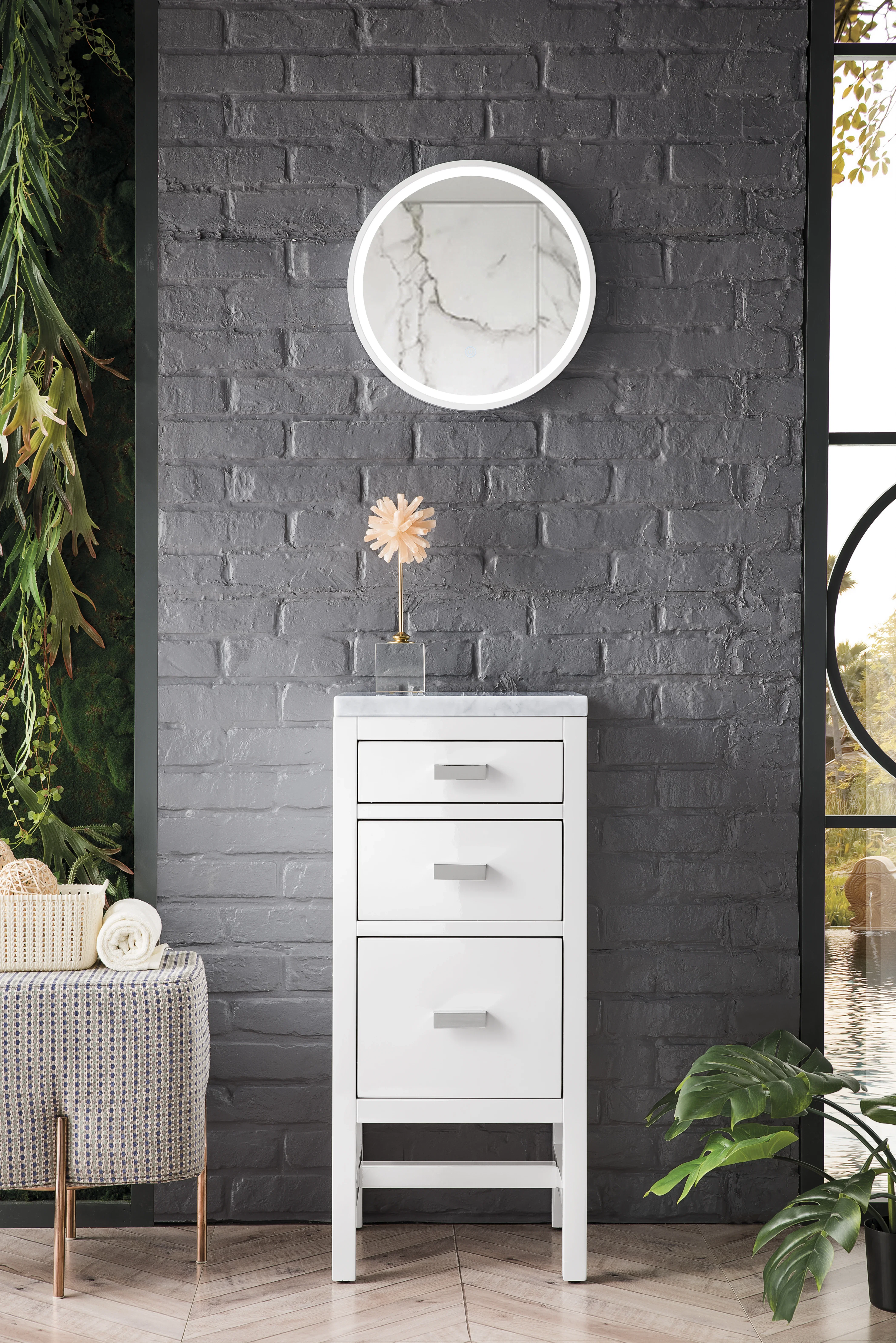 Addison 15" Base Cabinet, Glossy White w/ 3 CM Carrara Marble Top