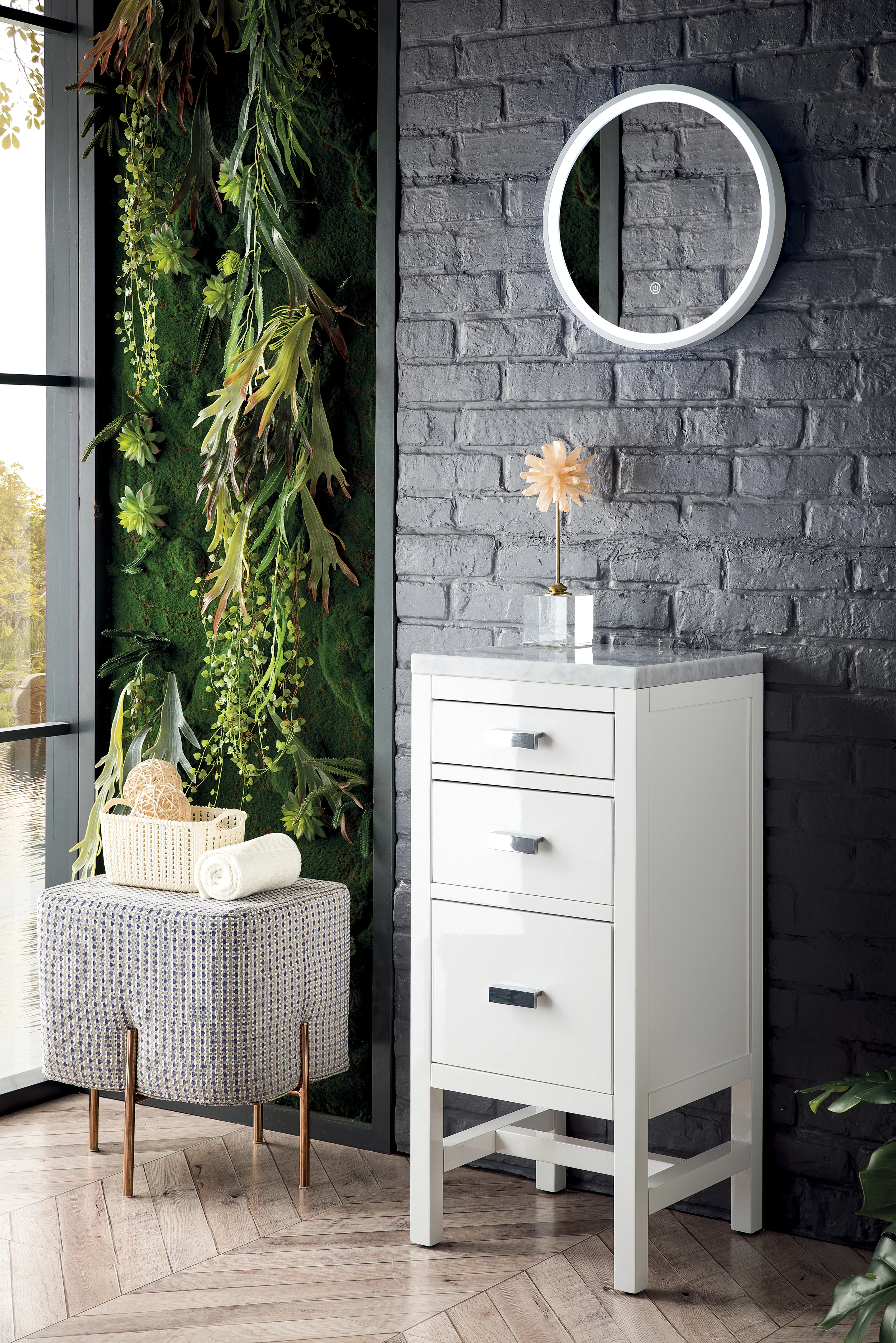 Addison 15" Base Cabinet, Glossy White w/ 3 CM Carrara Marble Top