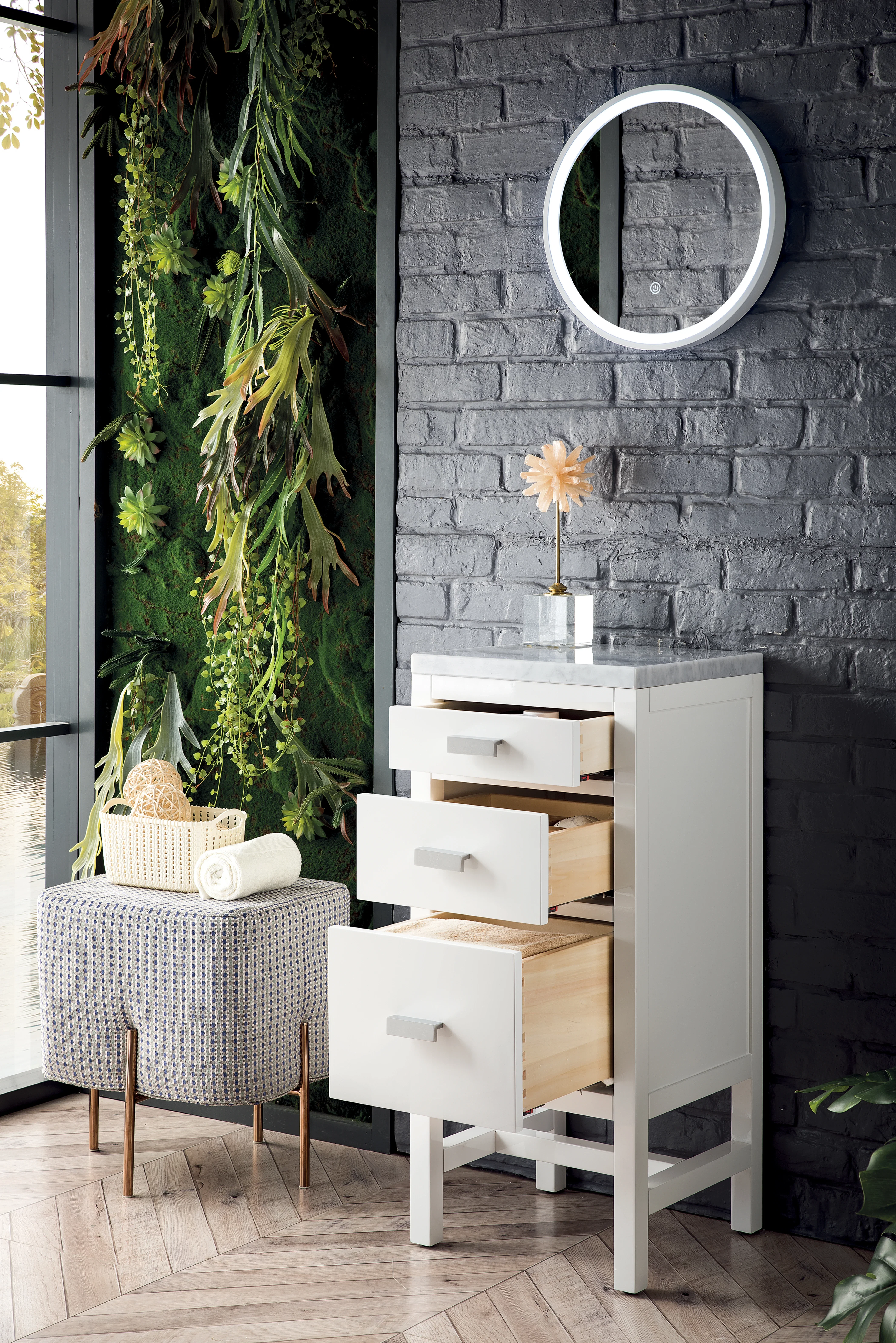 Addison 15" Base Cabinet, Glossy White w/ 3 CM Carrara Marble Top