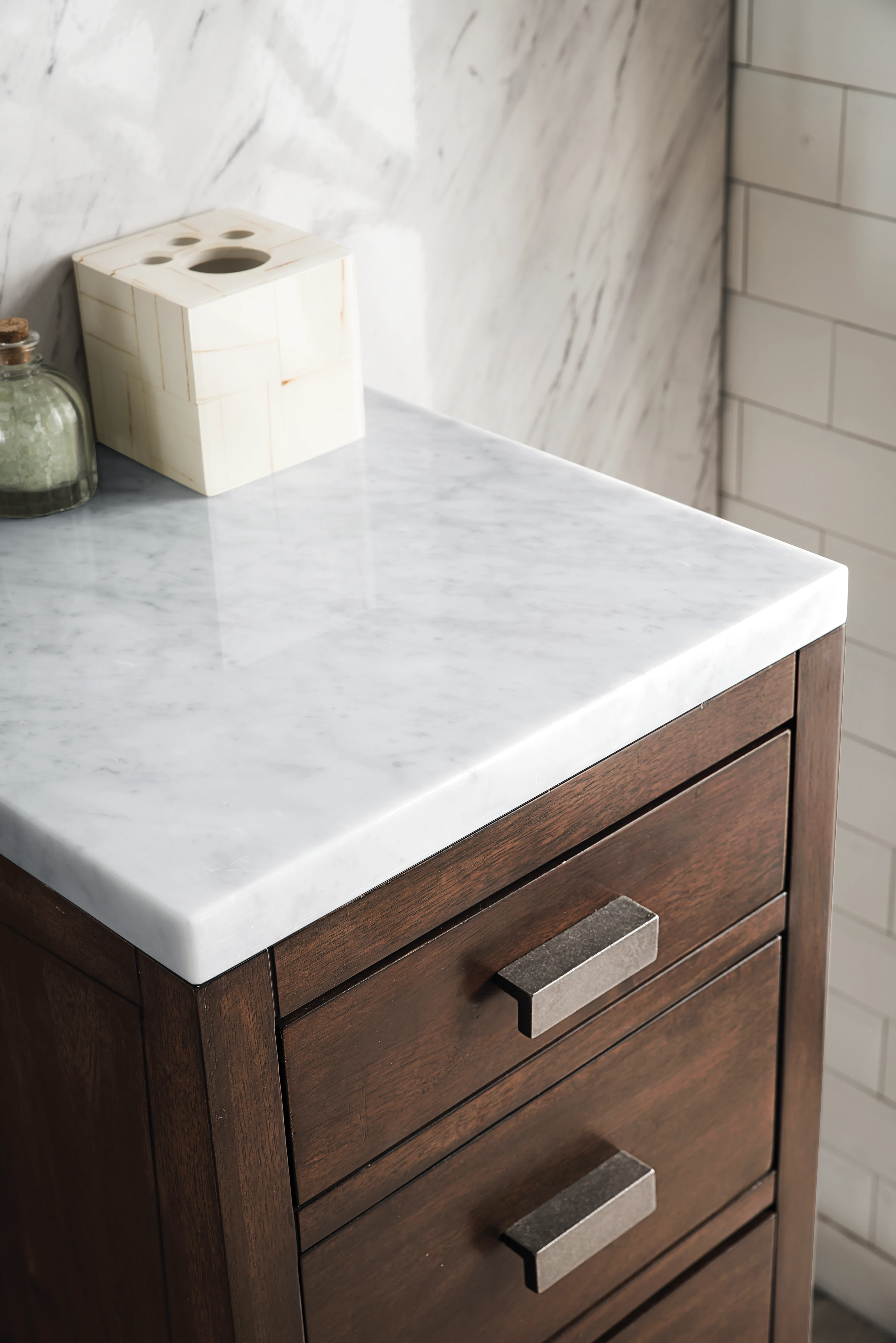 Addison 15" Base Cabinet, Mid-Century Acacia w/ 3 CM Carrara Marble Top