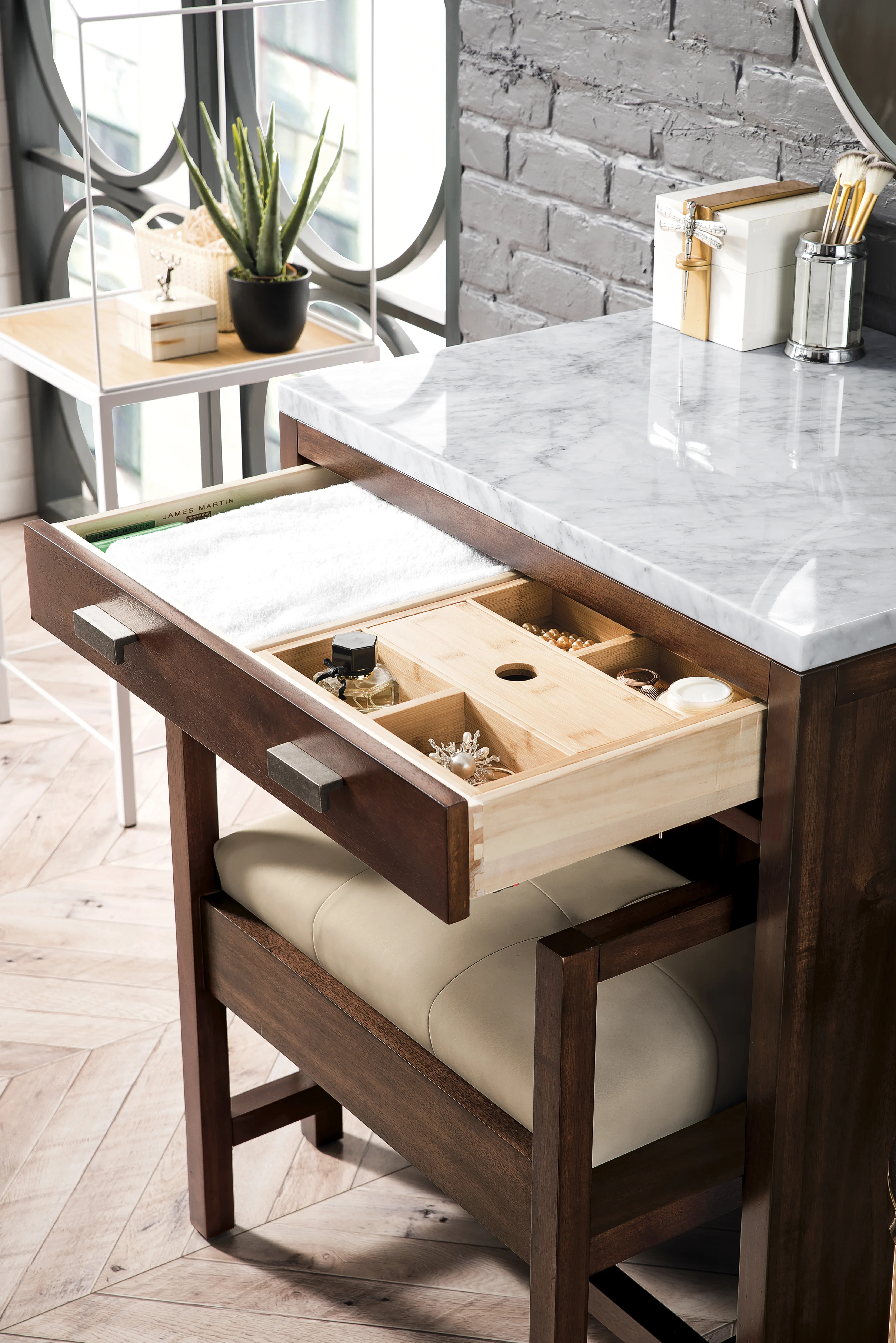 Addison 30" Countertop Unit, Mid-Century Acacia w/ 3 CM Carrara Marble Top