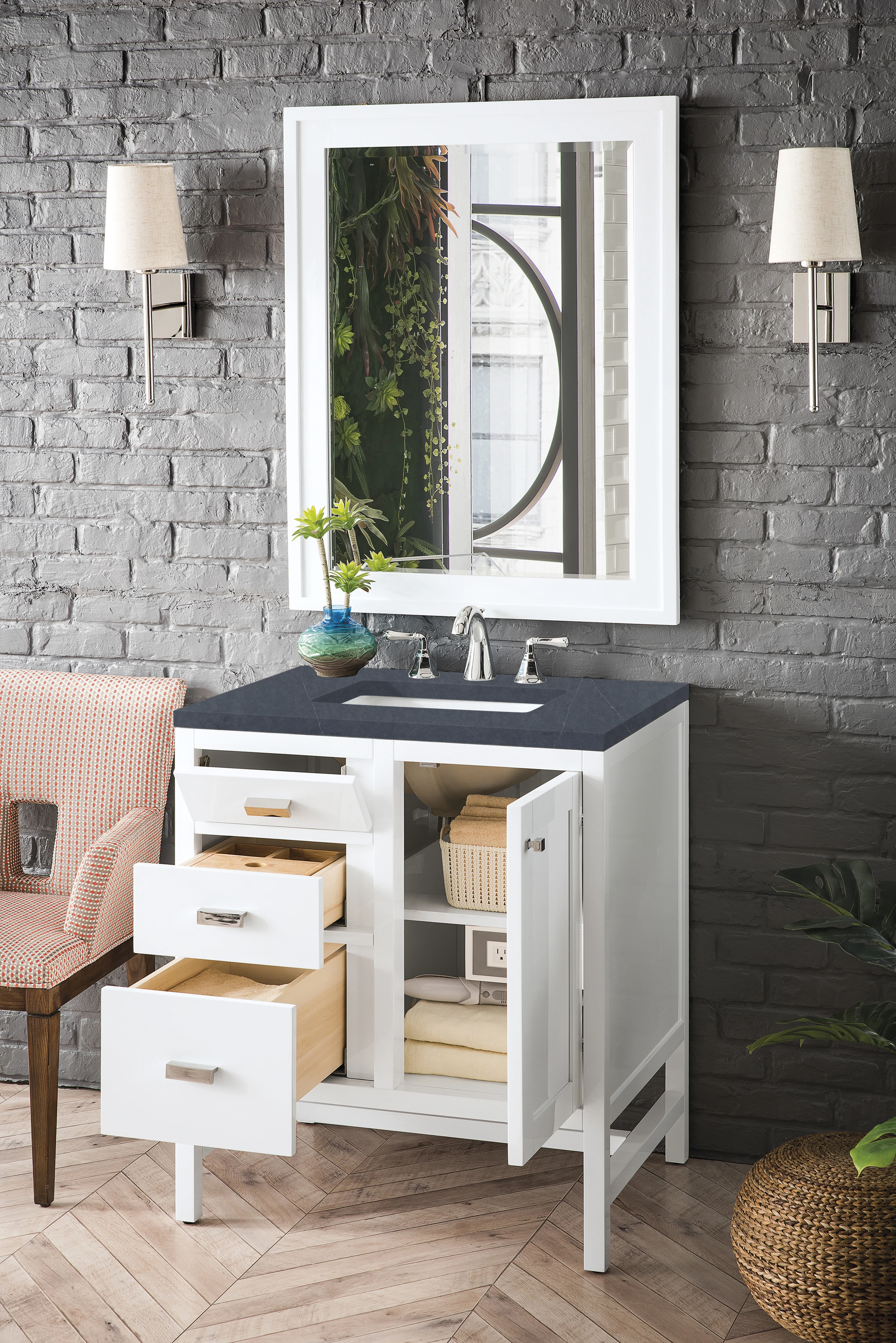 Addison 30" Single Vanity, Glossy White w/ 3 CM Charcoal Soapstone Silestone Top