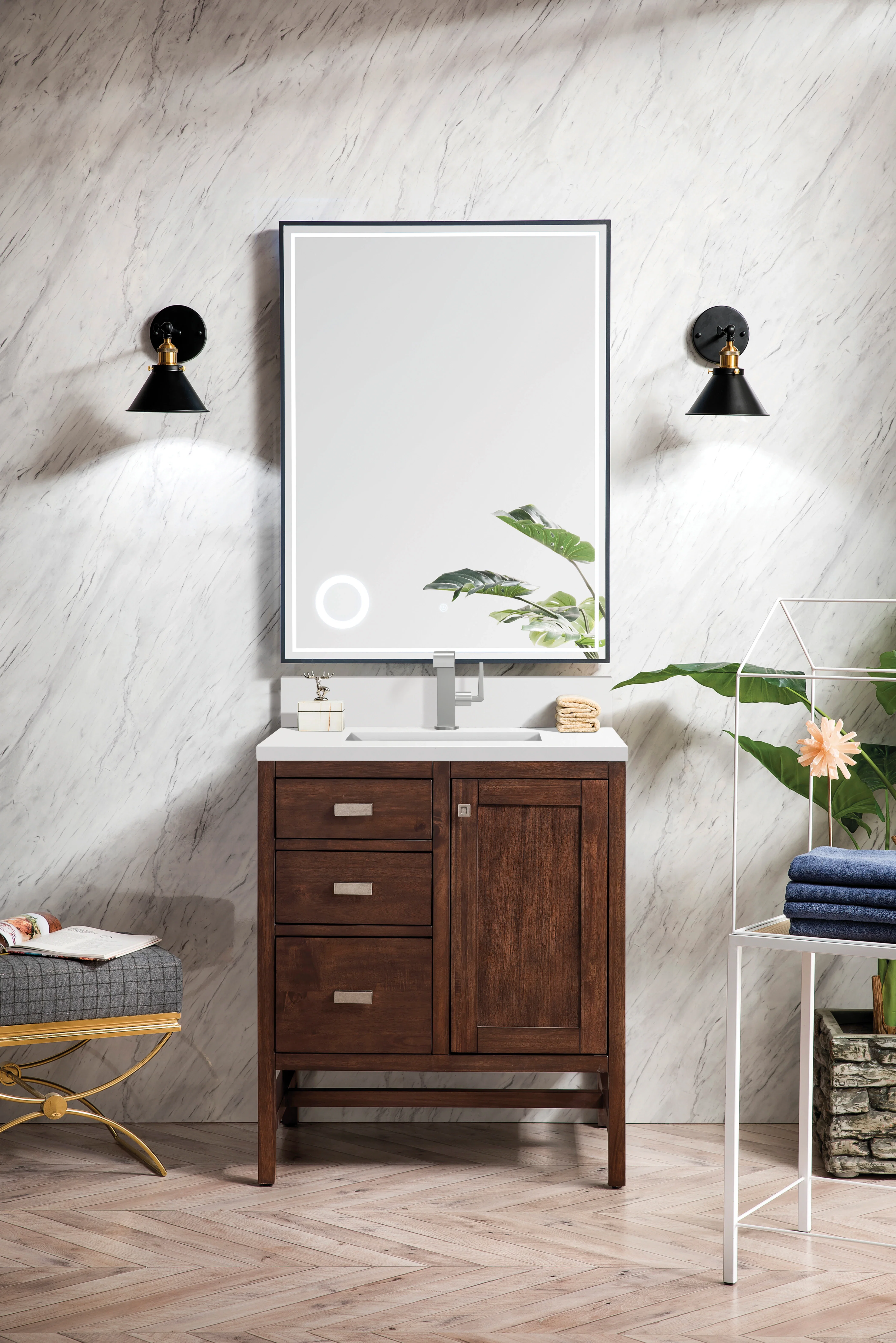 Addison 30" Single Vanity, Mid-Century Acacia w/ Single Hole 3 CM White Zeus Silestone Top & Backsplash