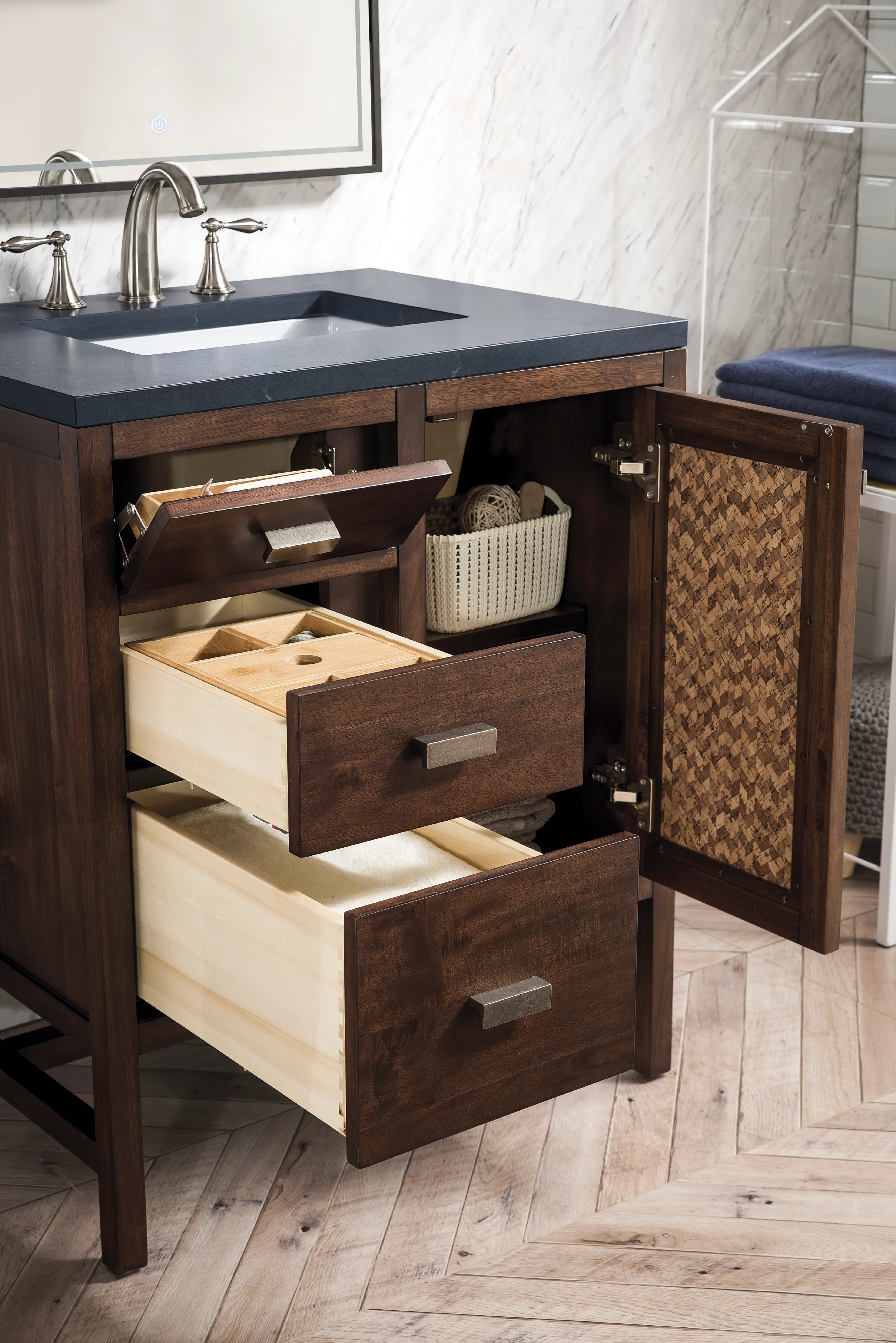Addison 30" Single Vanity, Mid-Century Acacia w/ 3 CM Charcoal Soapstone Silestone Top