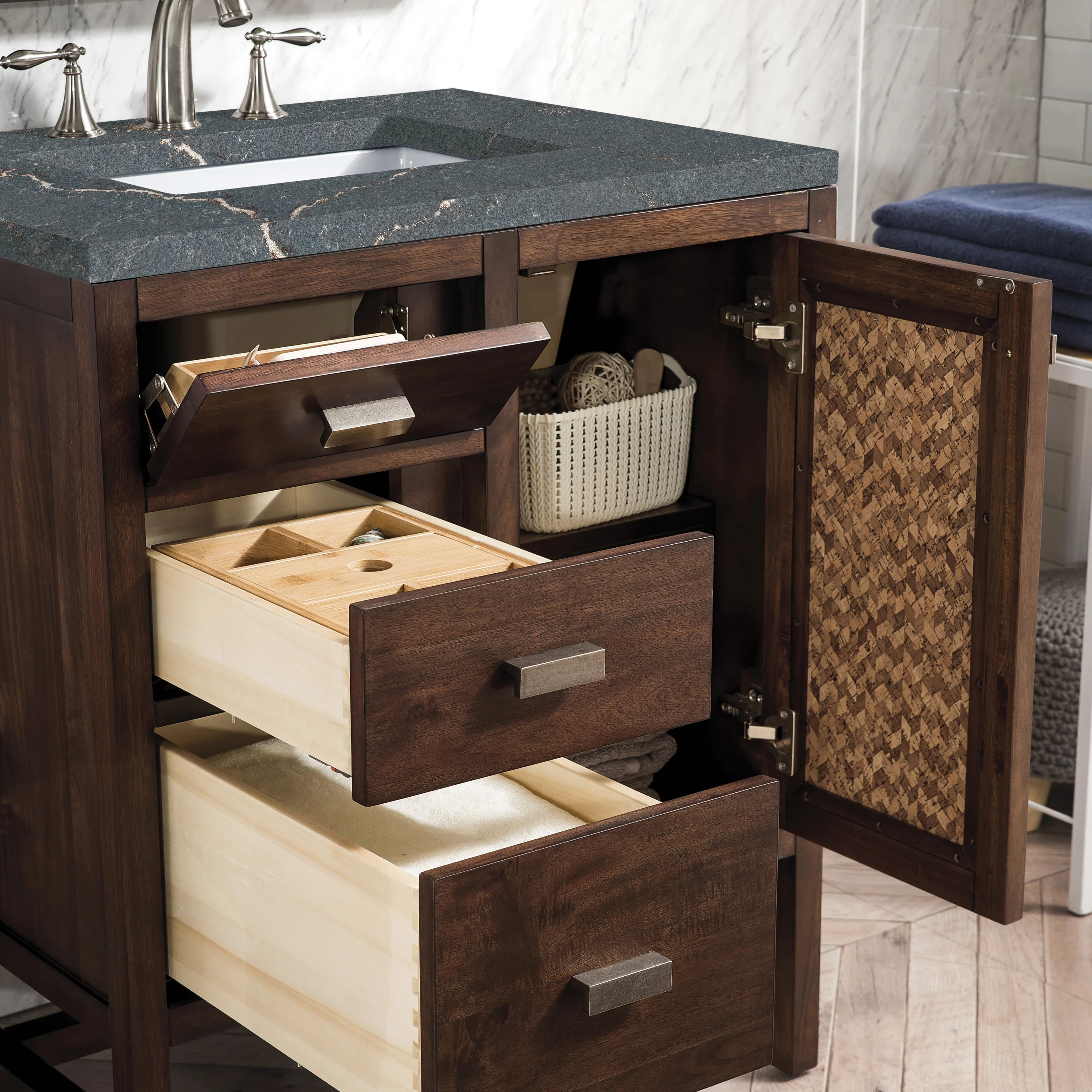Addison 30" Single Vanity, Mid-Century Acacia w/ 3 CM Parisien Bleu Silestone Top