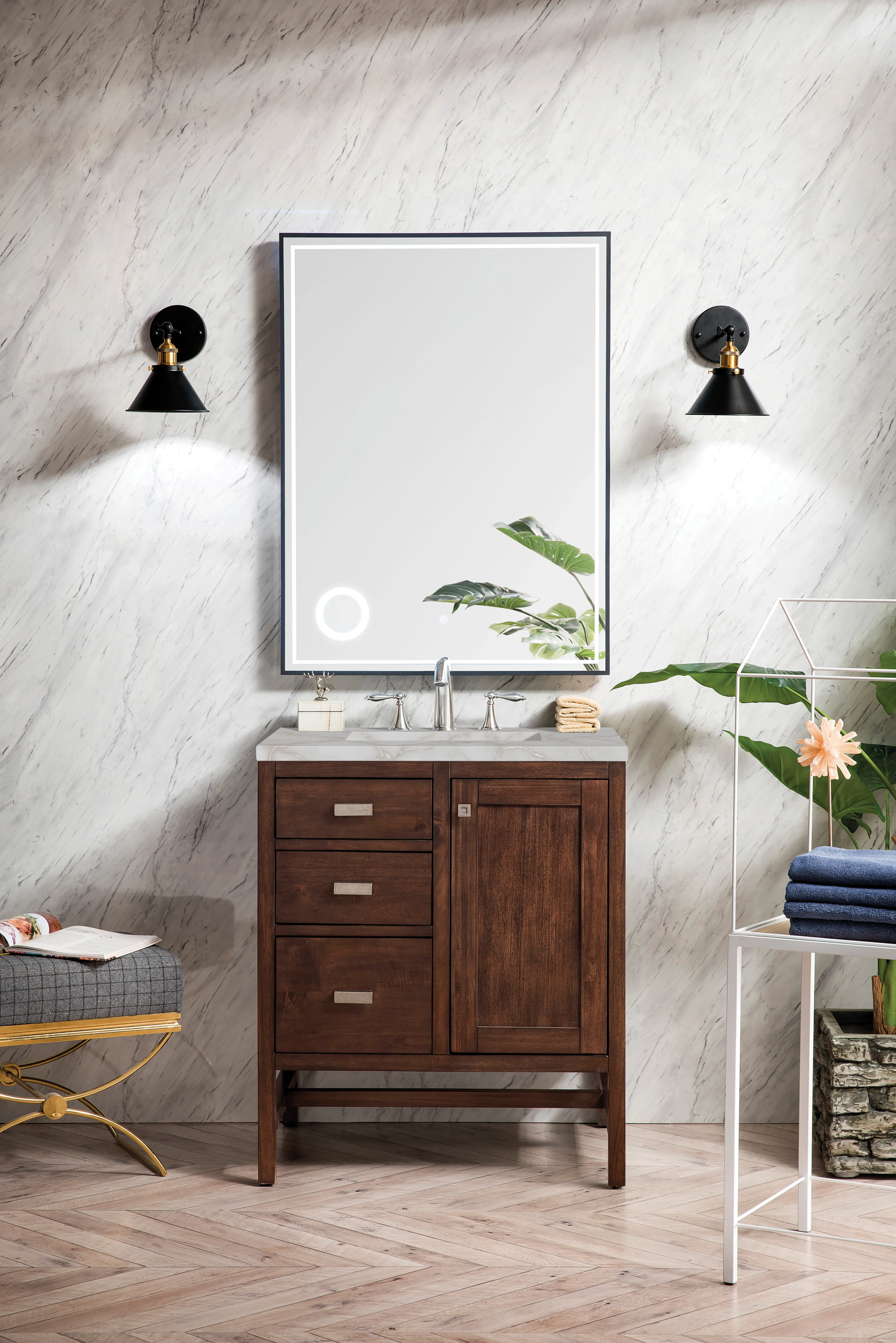 Addison 30" Single Vanity, Mid-Century Acacia w/ 3 CM Victorian Silver Silestone Top
