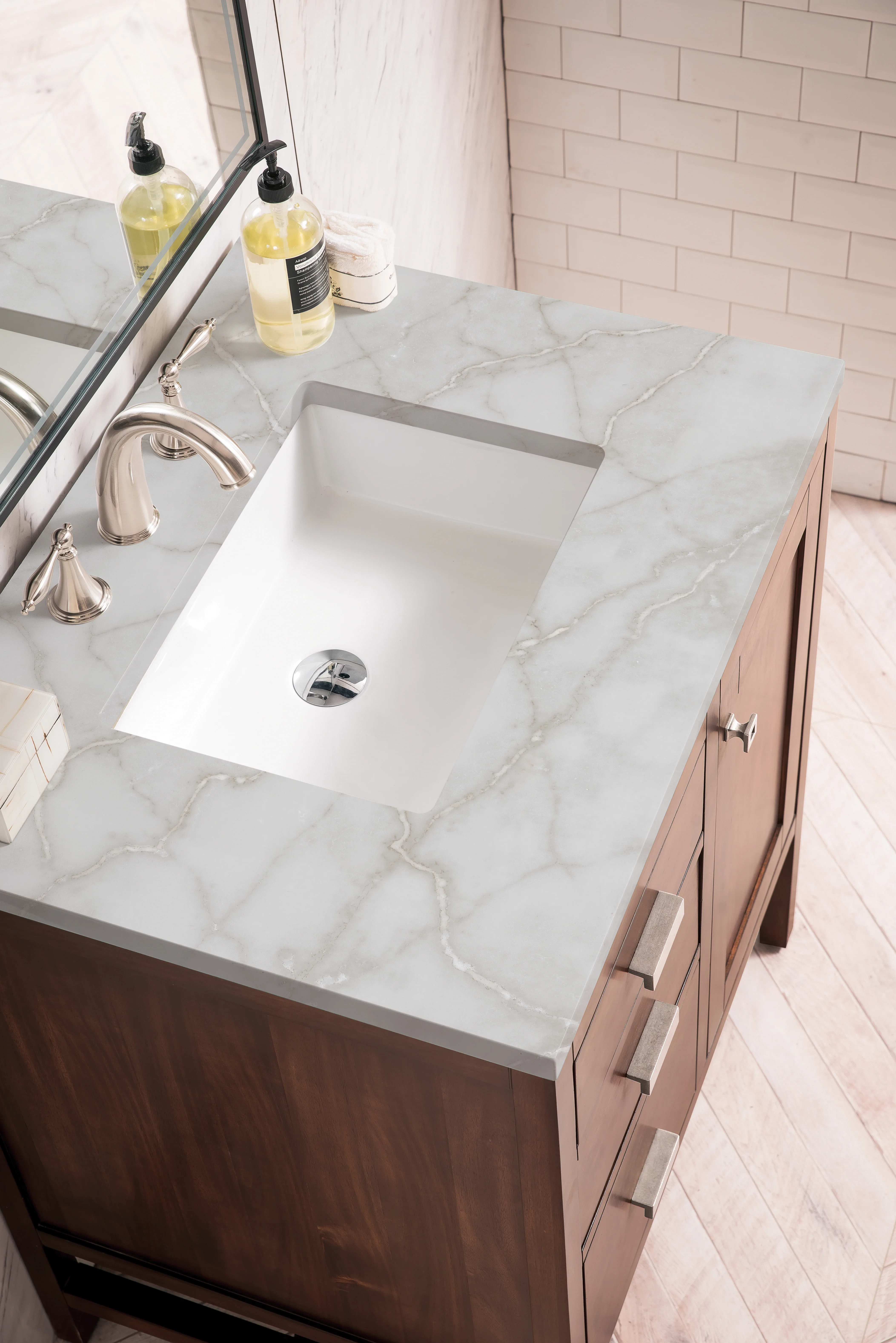 Addison 30" Single Vanity, Mid-Century Acacia w/ 3 CM Victorian Silver Silestone Top