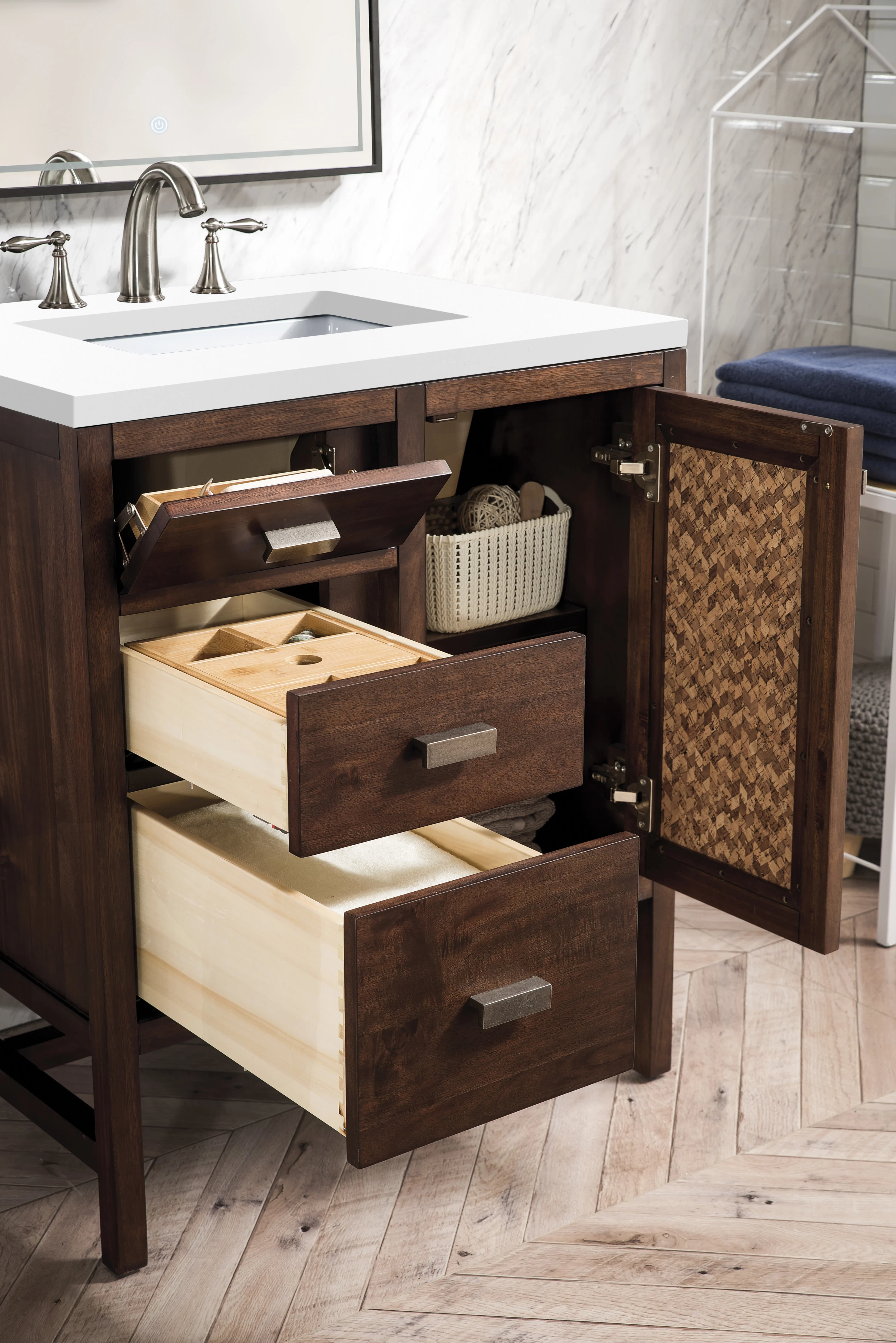Addison 30" Single Vanity, Mid-Century Acacia w/ 3 CM White Zeus Silestone Top