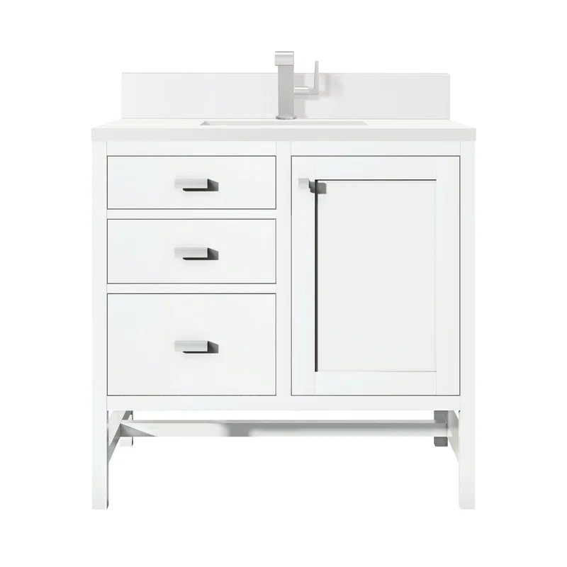 Addison 36" Single Vanity, Glossy White w/ Single Hole 3 CM White Zeus Silestone Top & Backsplash