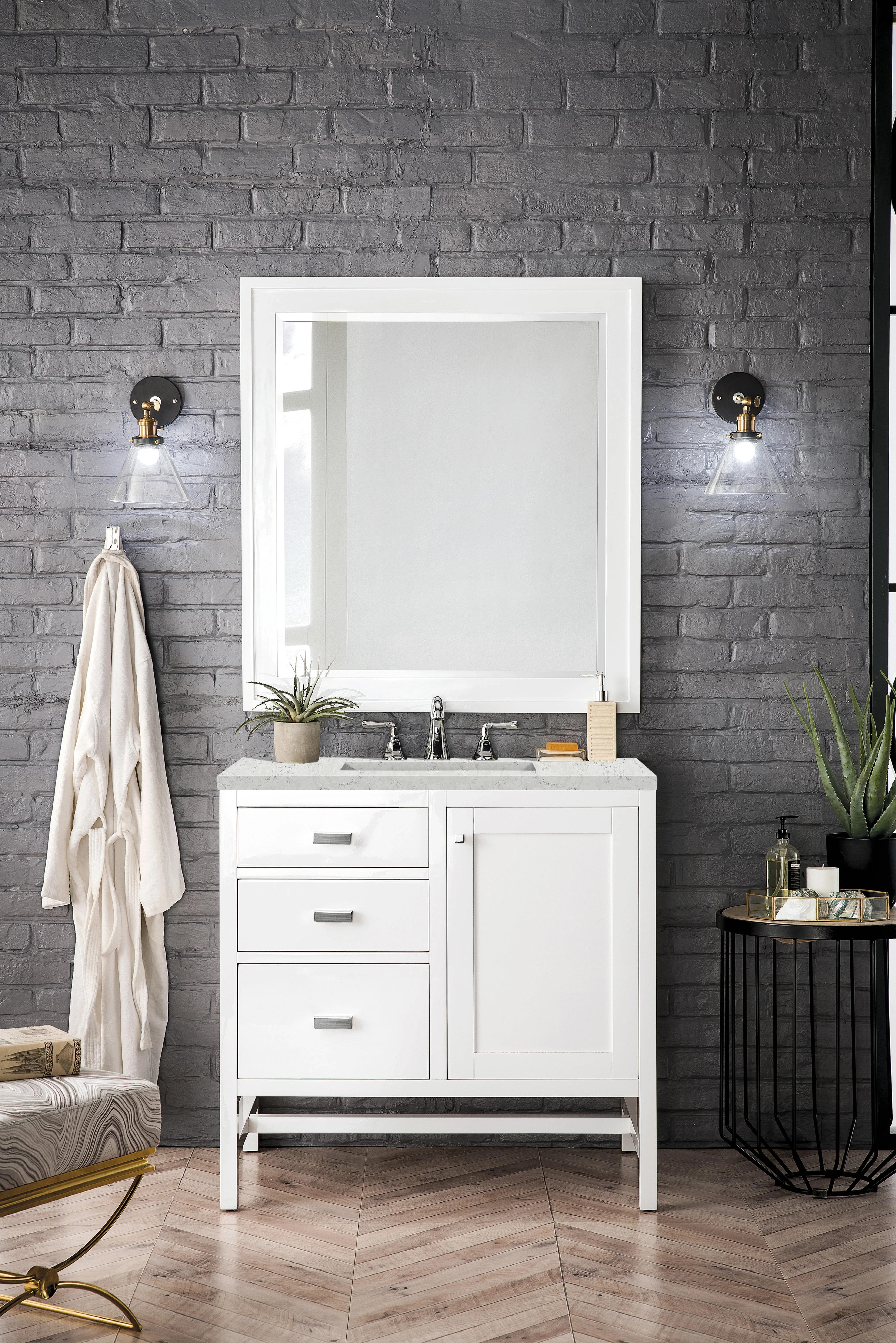 Addison 36" Single Vanity, Glossy White w/ 3 CM Eternal Jasmine Pearl Silestone Top