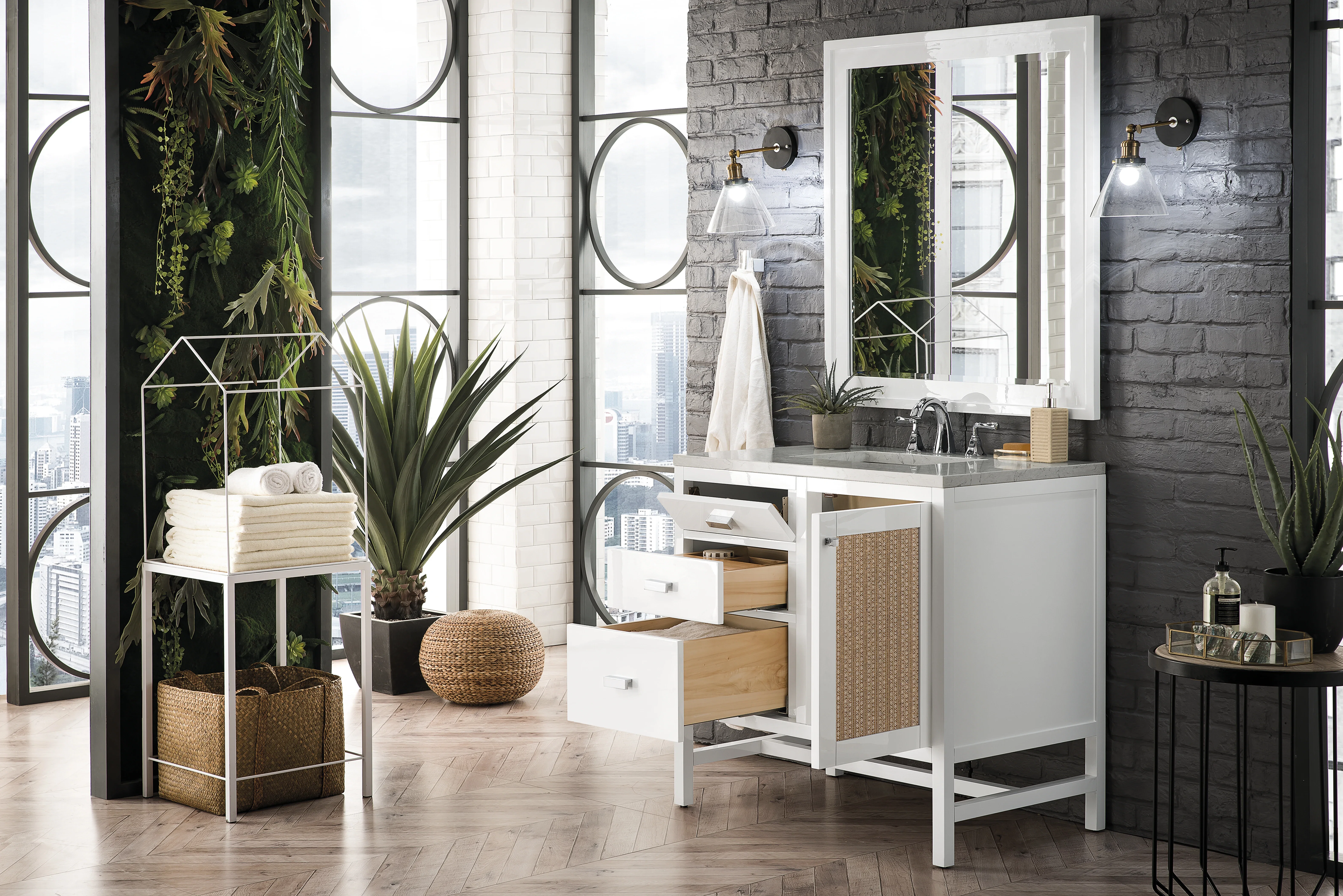 Addison 36" Single Vanity, Glossy White w/ 3 CM Eternal Jasmine Pearl Silestone Top