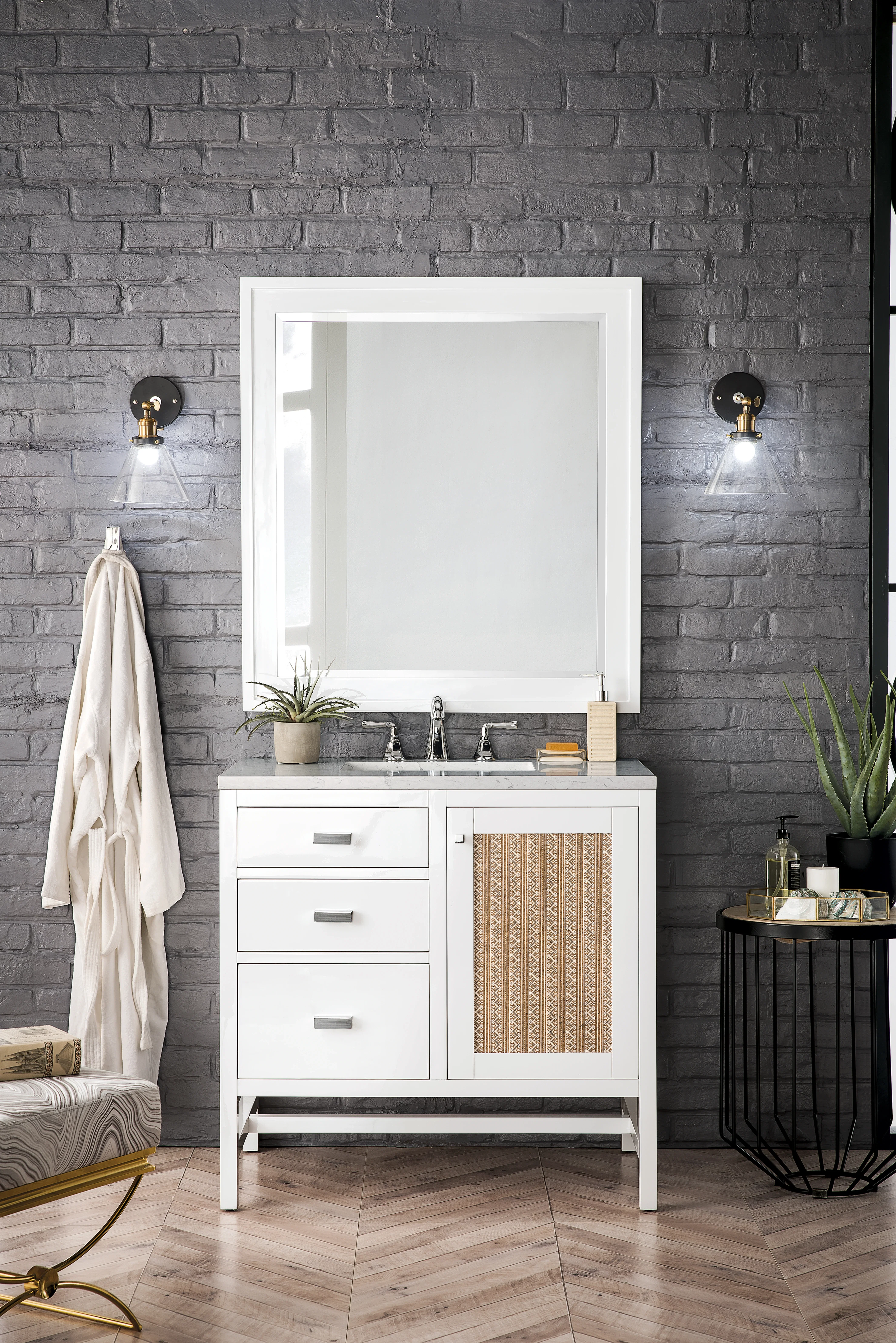 Addison 36" Single Vanity, Glossy White w/ 3 CM Eternal Jasmine Pearl Silestone Top