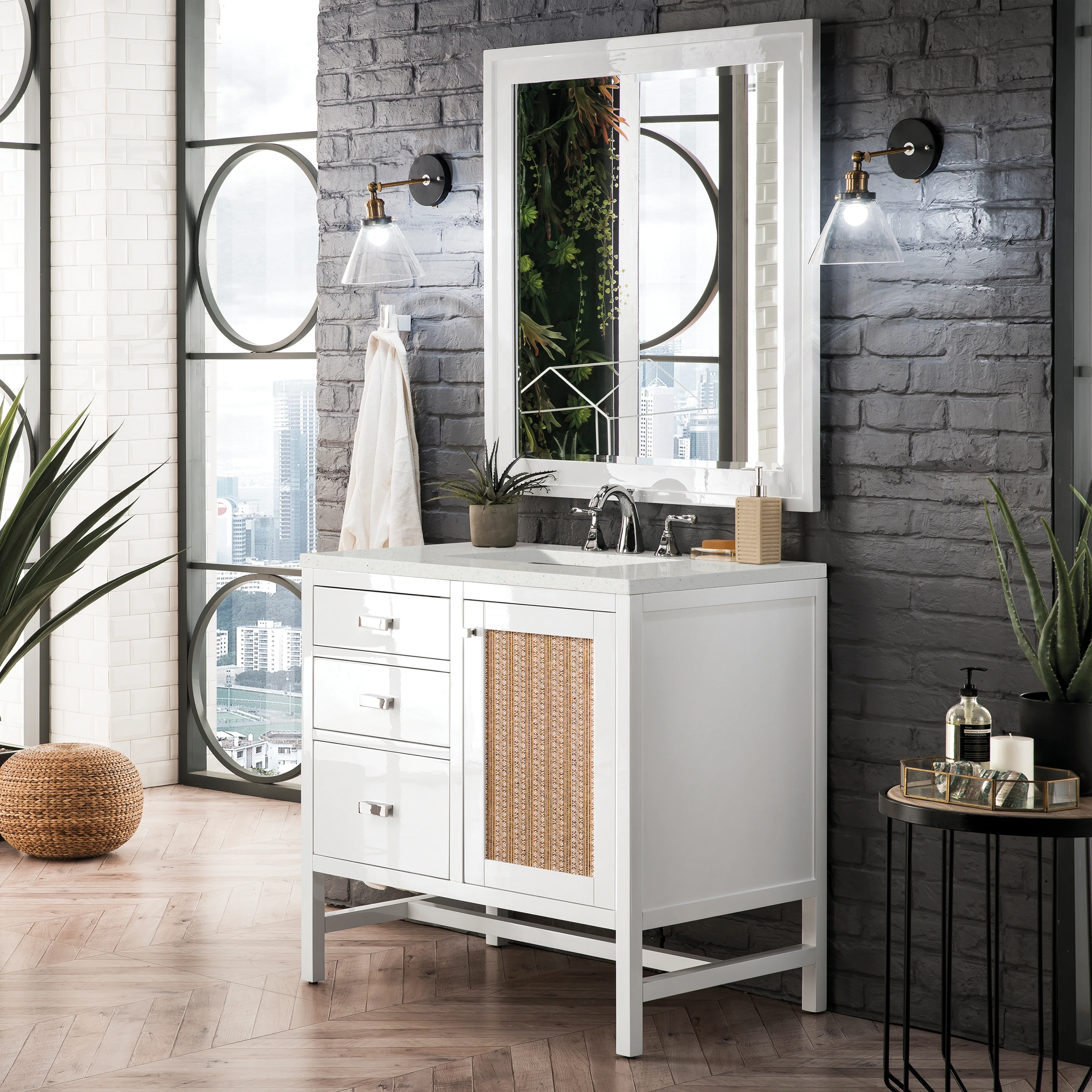 Addison 36" Single Vanity, Glossy White w/ 3 CM Lime Delight Silestone Top