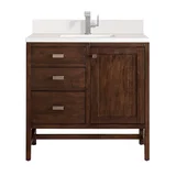 Addison 36" Single Vanity, Mid-Century Acacia w/ Single Hole 3 CM White Zeus Silestone Top & Backsplash
