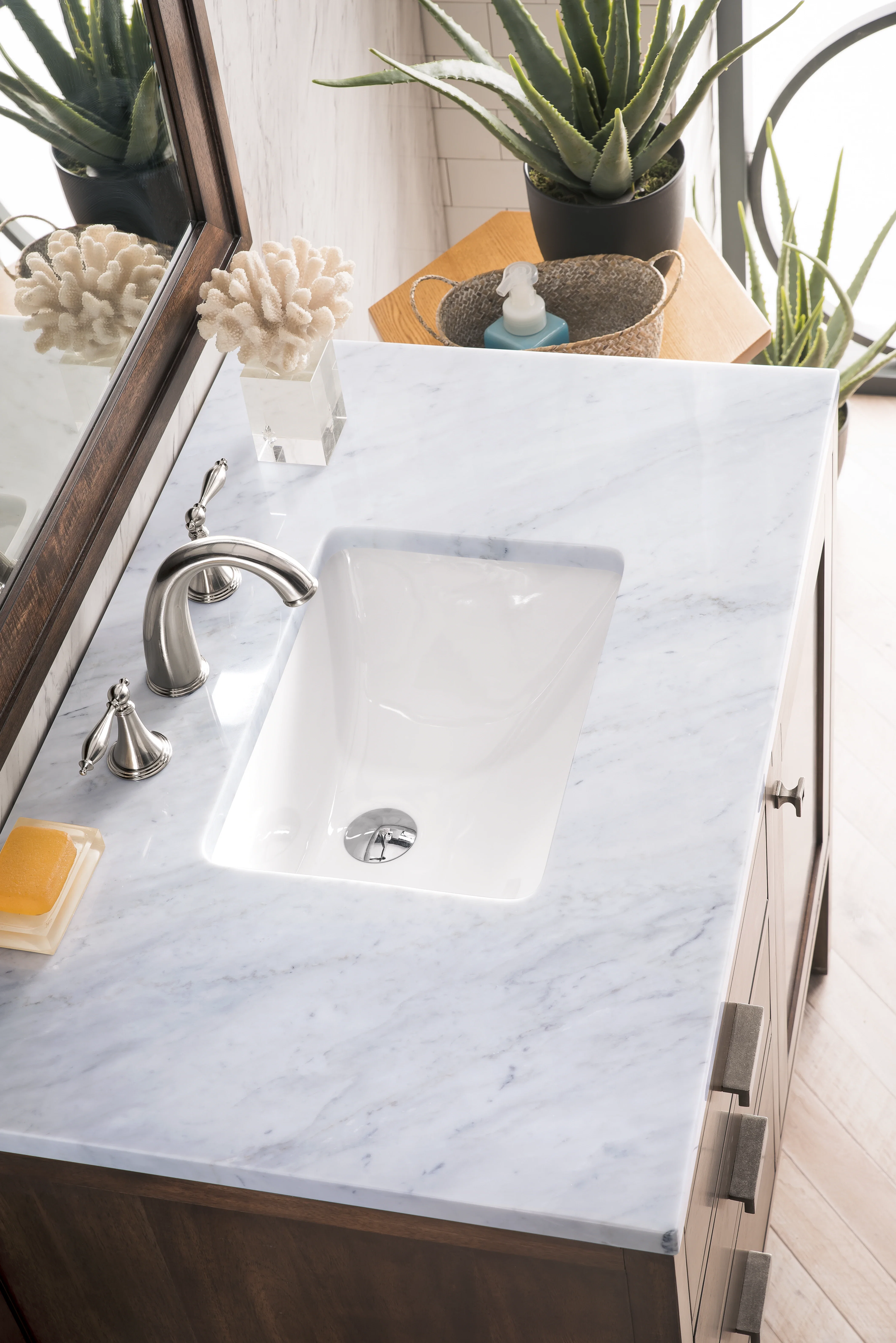 Addison 36" Single Vanity, Mid-Century Acacia w/ 3 CM Carrara White Top