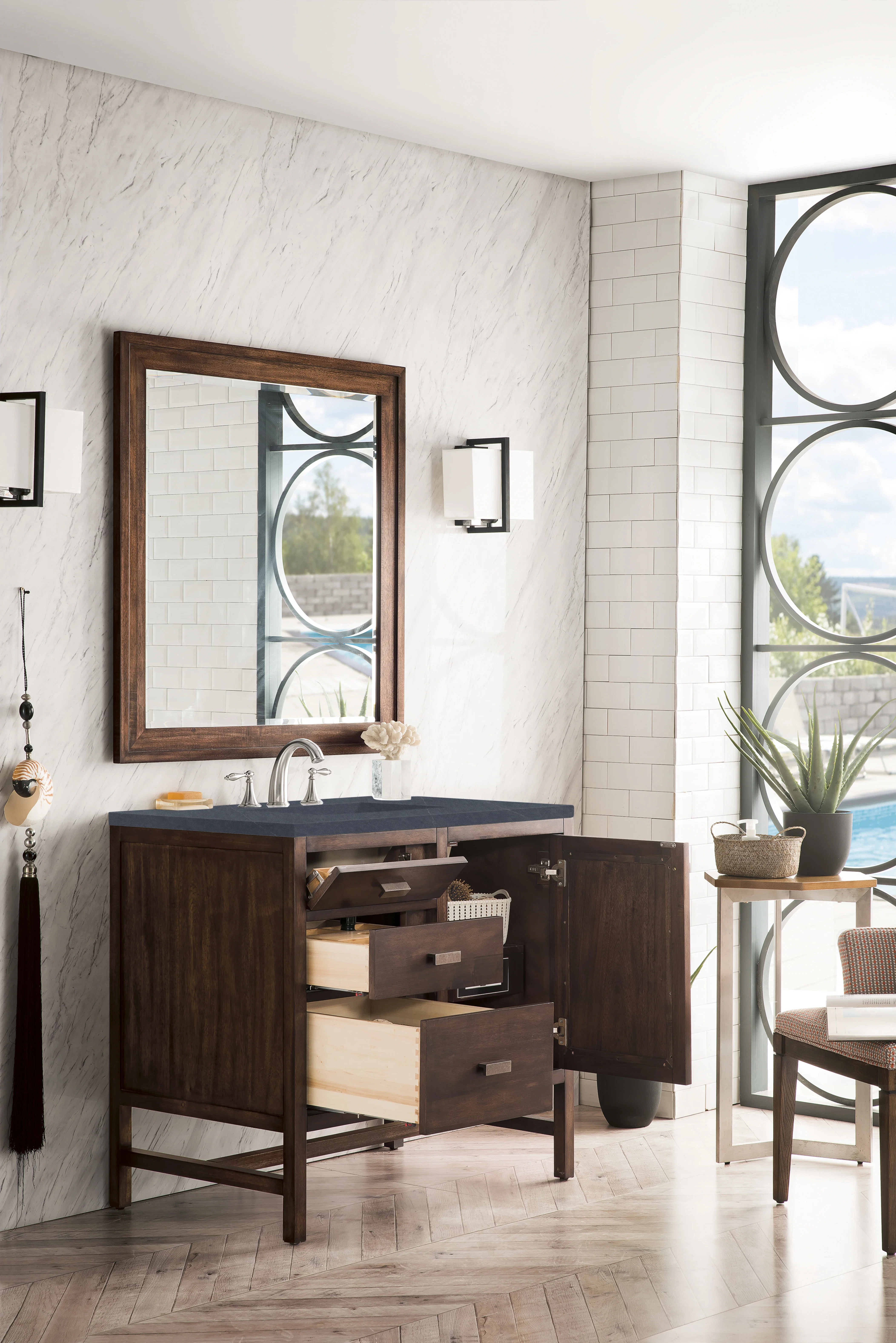 Addison 36" Single Vanity, Mid-Century Acacia w/ 3 CM Charcoal Soapstone Silestone Top