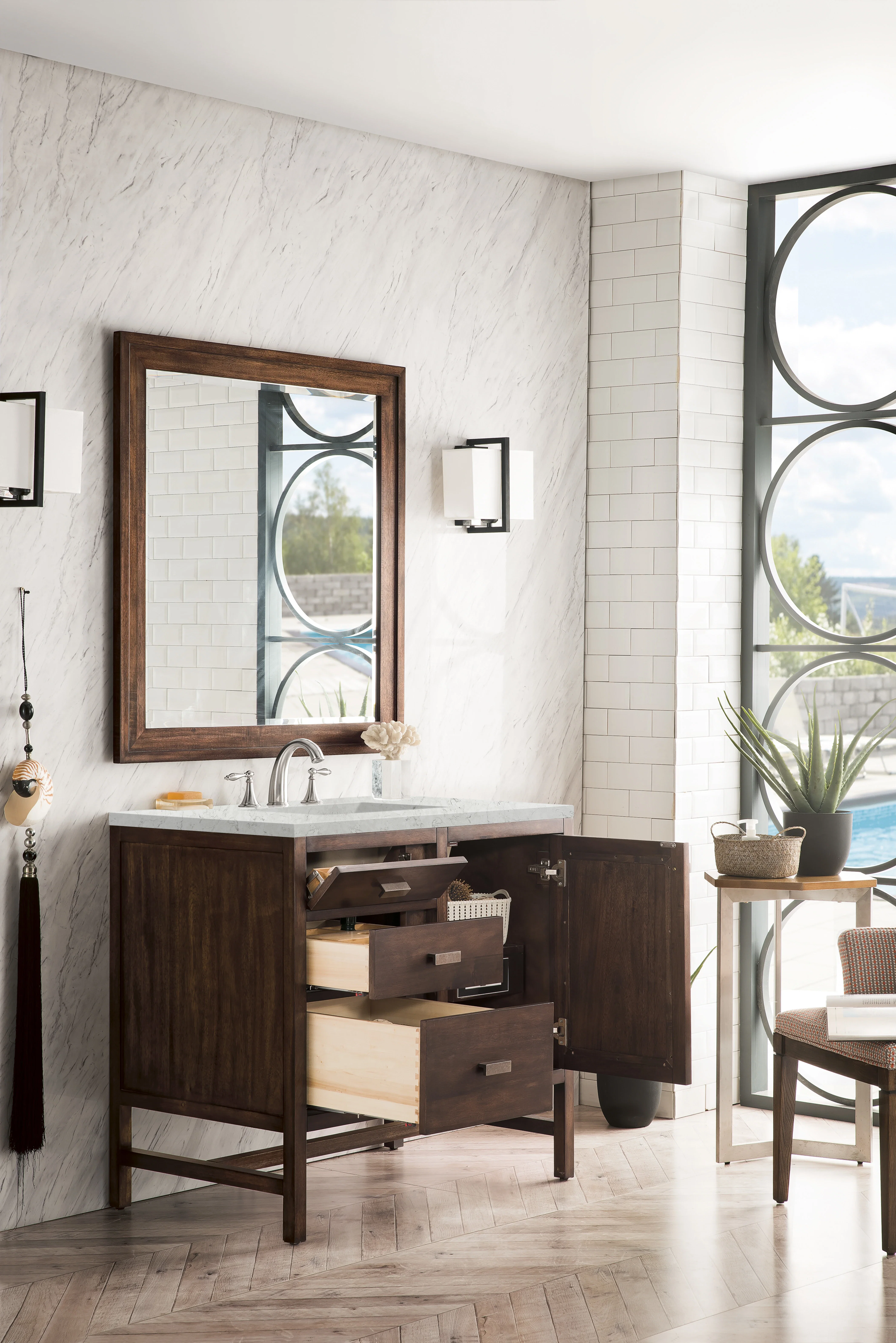 Addison 36" Single Vanity, Mid-Century Acacia w/ 3 CM Eternal Jasmine Pearl Silestone Top