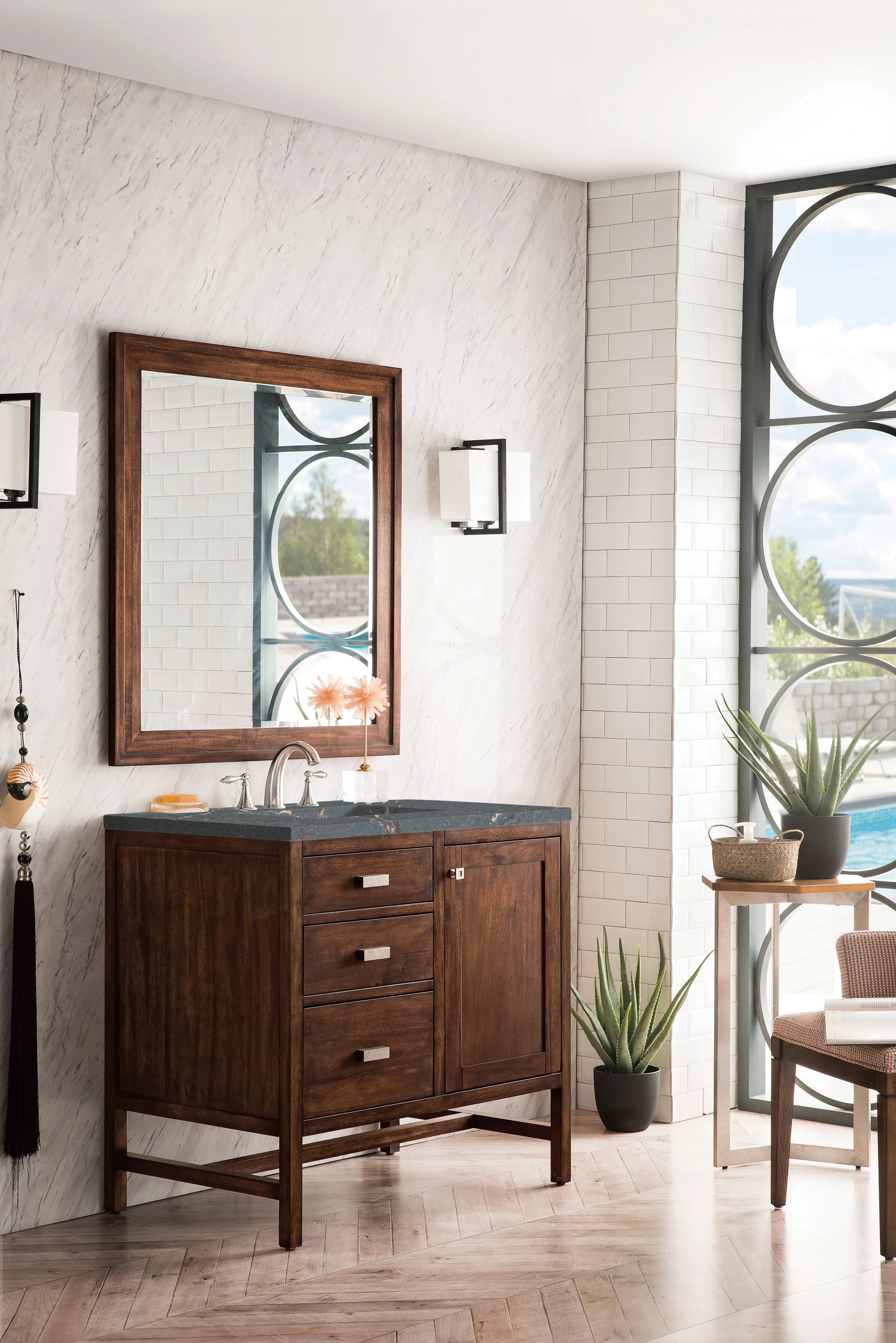 Addison 36" Single Vanity, Mid-Century Acacia w/ 3 CM Parisien Bleu Silestone Top