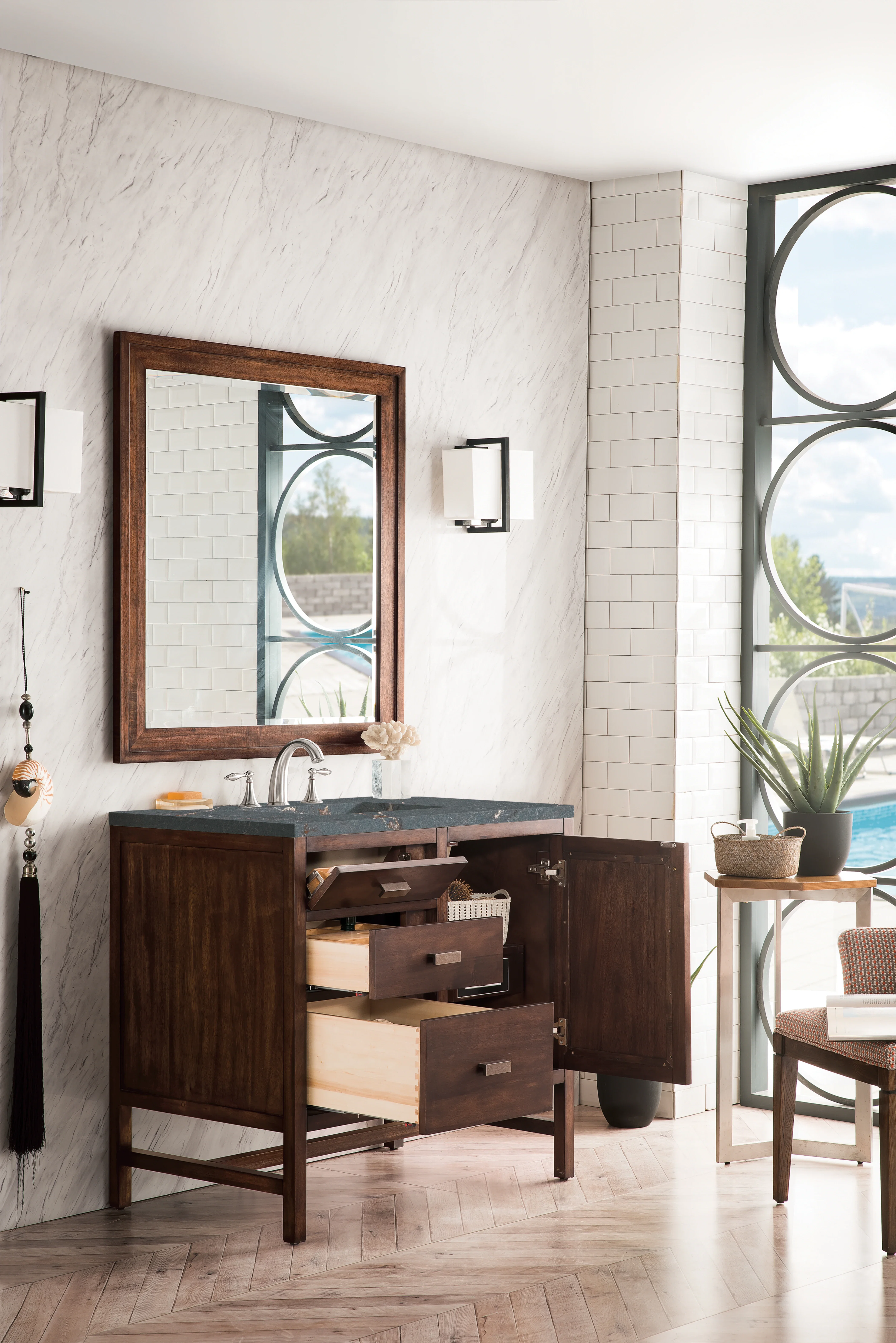 Addison 36" Single Vanity, Mid-Century Acacia w/ 3 CM Parisien Bleu Silestone Top