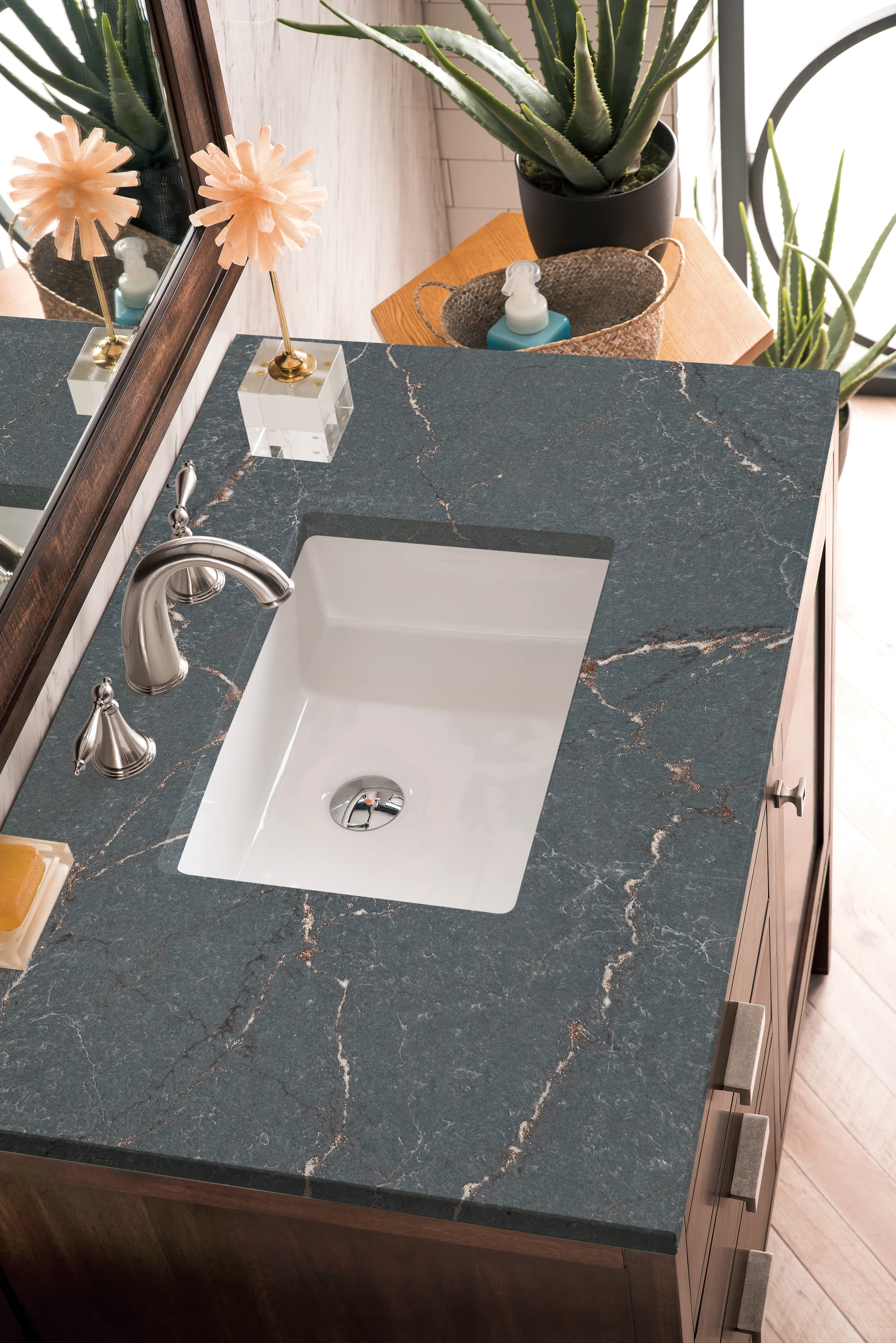 Addison 36" Single Vanity, Mid-Century Acacia w/ 3 CM Parisien Bleu Silestone Top
