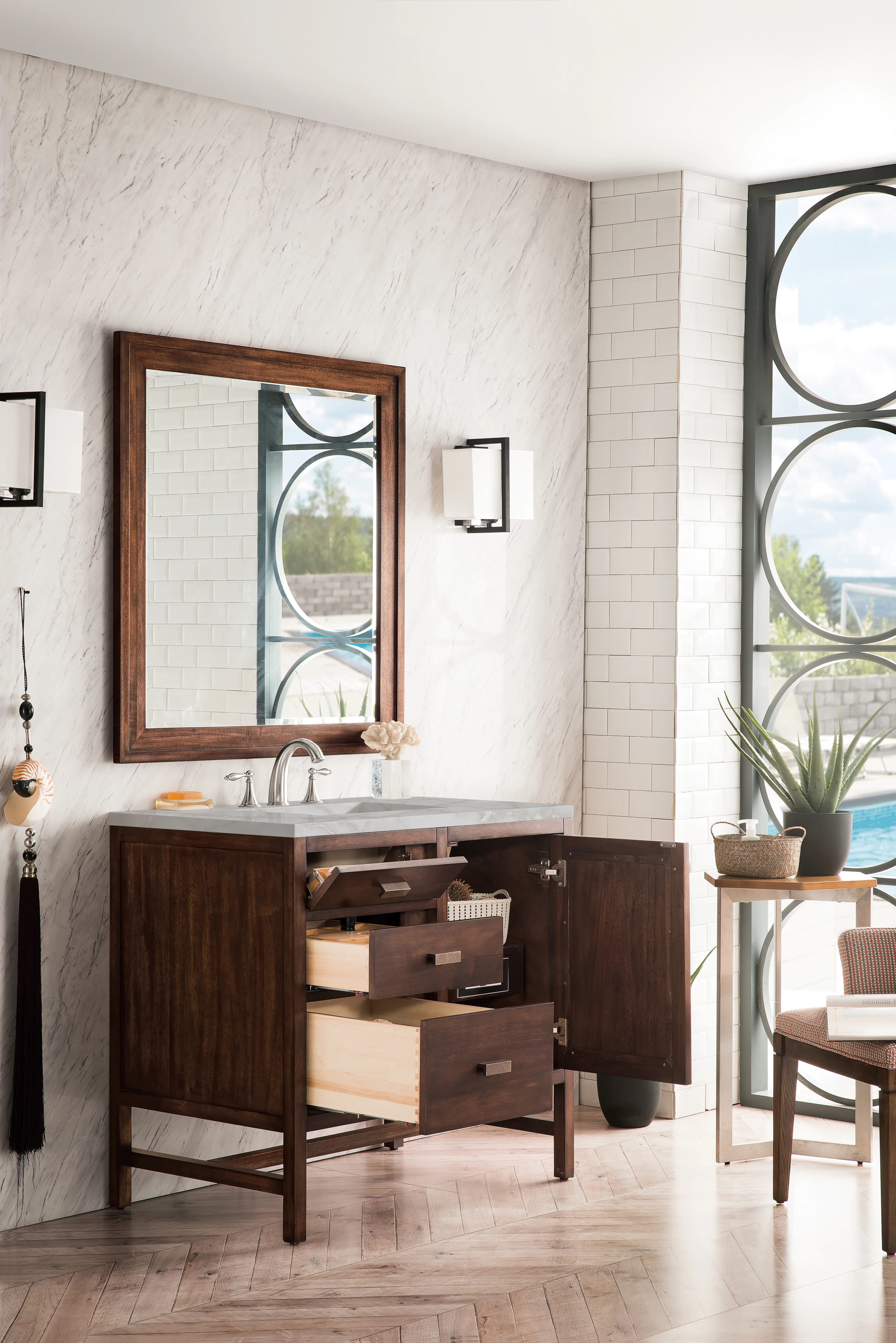 Addison 36" Single Vanity, Mid-Century Acacia w/ 3 CM Victorian Silver Silestone Top