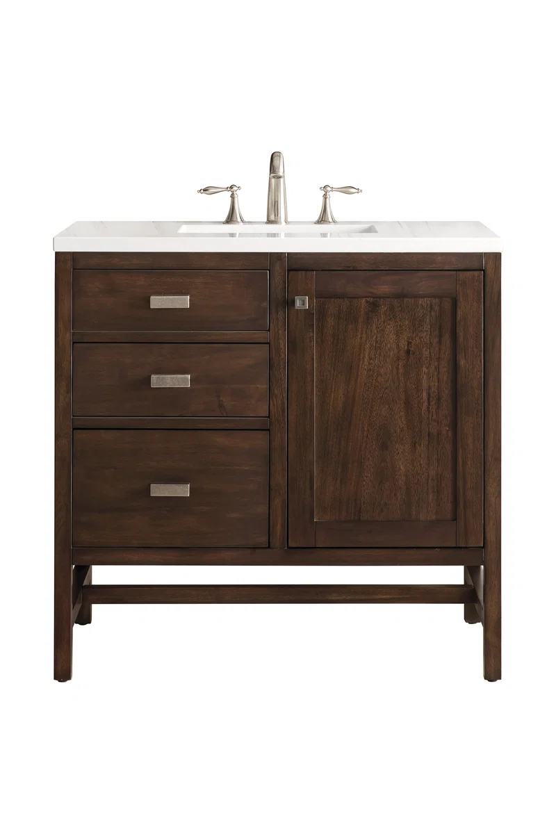 Addison 36" Single Vanity, Mid-Century Acacia w/ 3 CM White Zeus Silestone Top