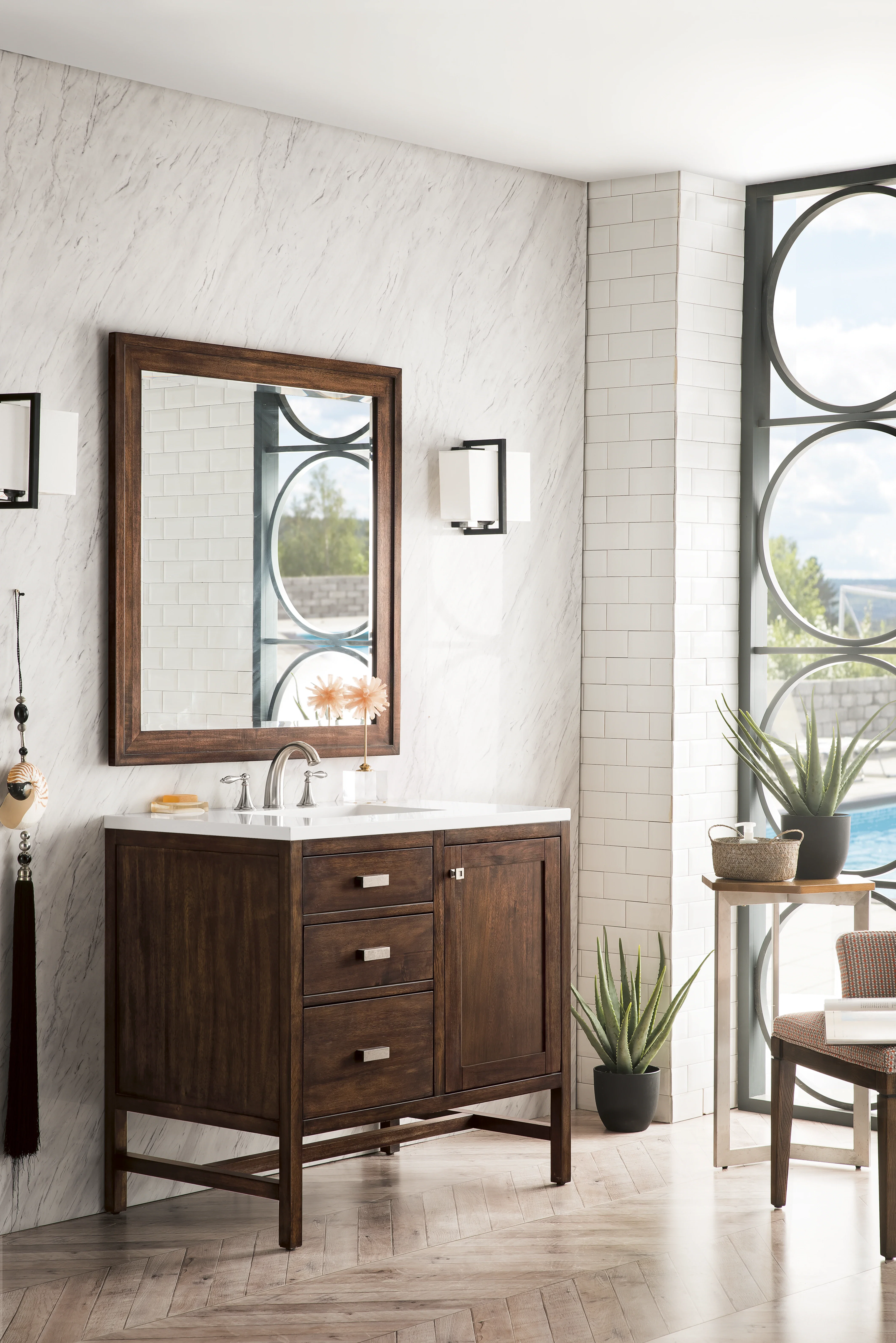 Addison 36" Single Vanity, Mid-Century Acacia w/ 3 CM White Zeus Silestone Top