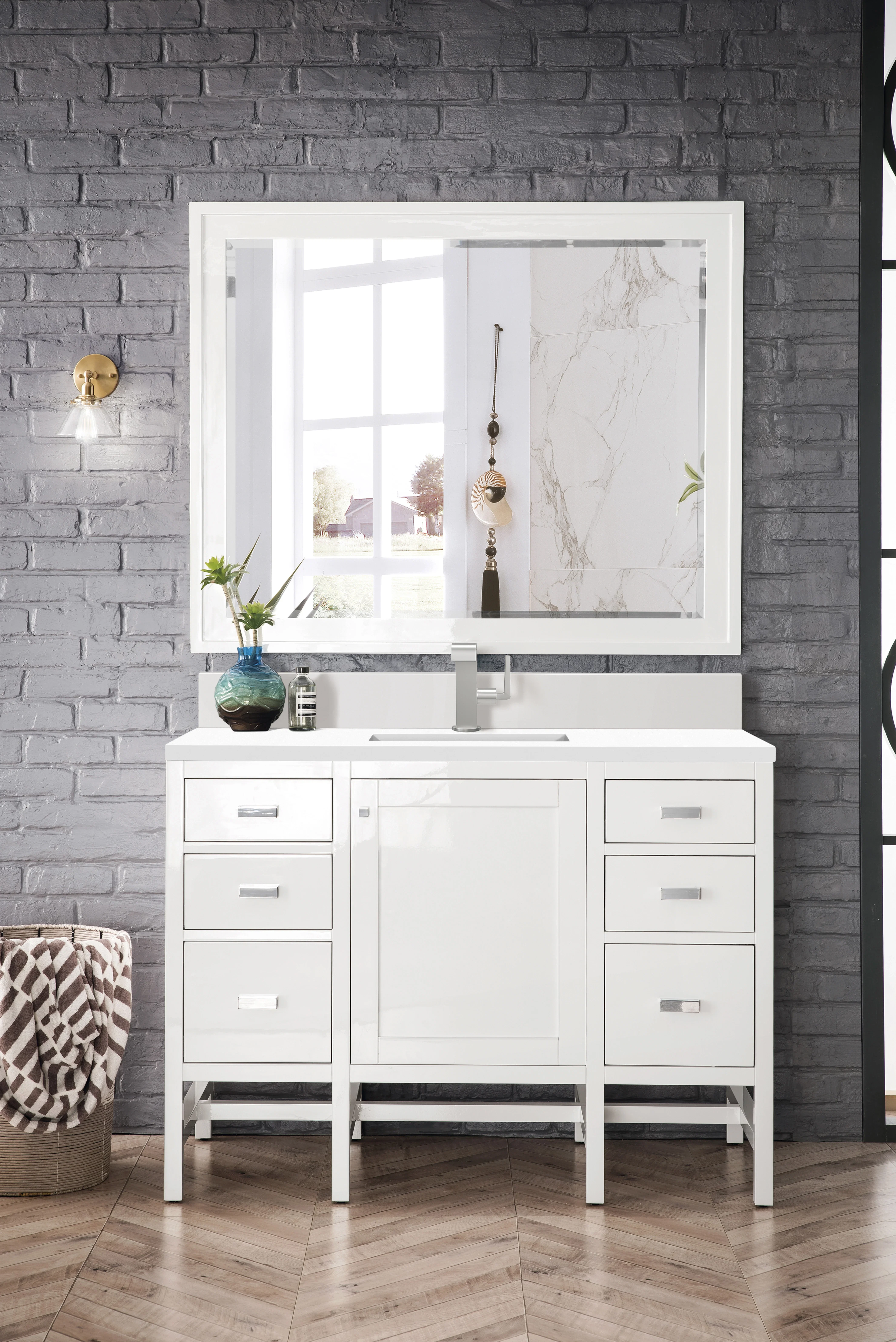 Addison 48" Single Vanity, Glossy White w/ Single Hole 3 CM White Zeus Silestone Top & Backsplash
