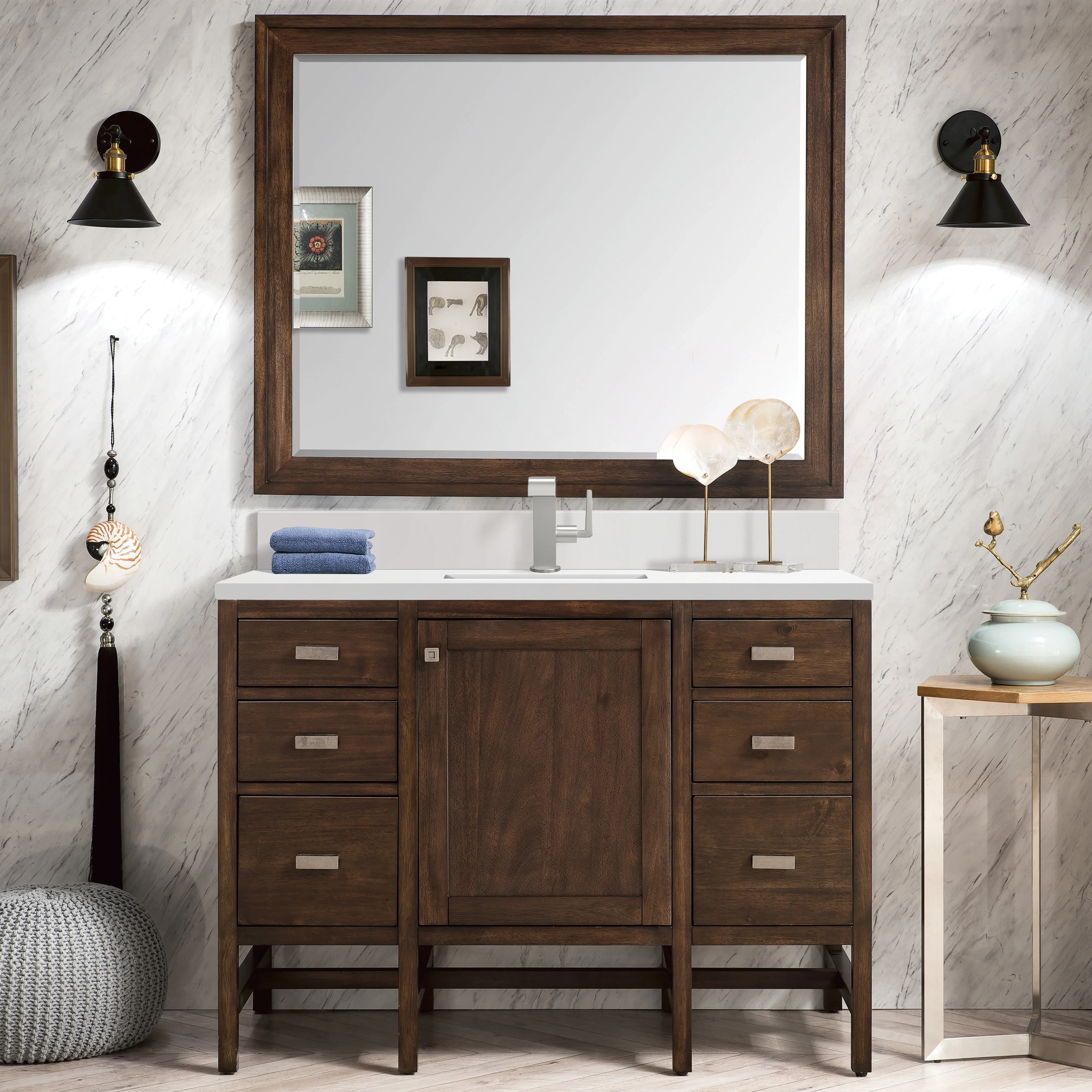 Addison 48" Single Vanity, Mid-Century Acacia w/ Single Hole 3 CM White Zeus Silestone Top & Backsplash