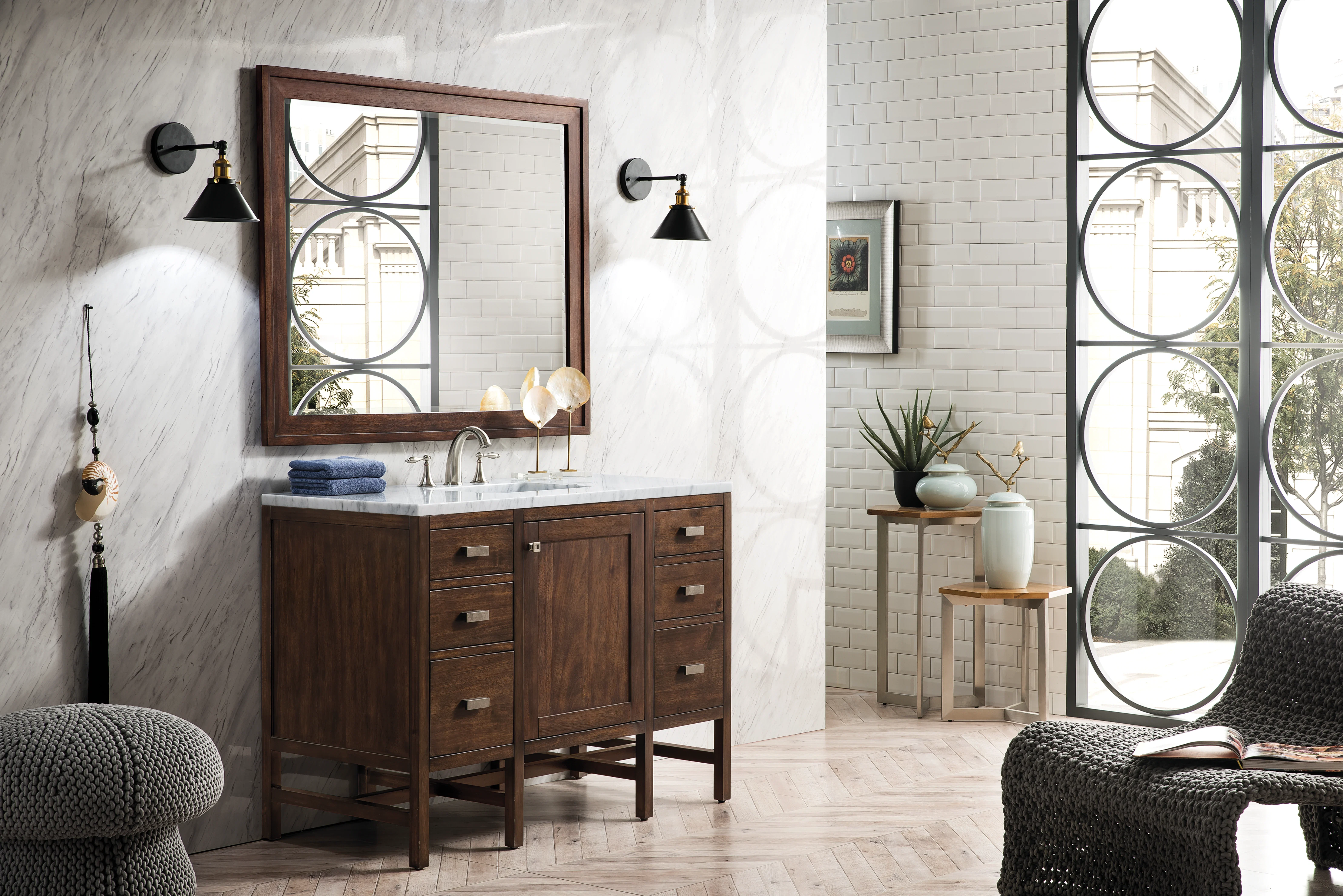 Addison 48" Single Vanity, Mid-Century Acacia w/ 3 CM Carrara White Top