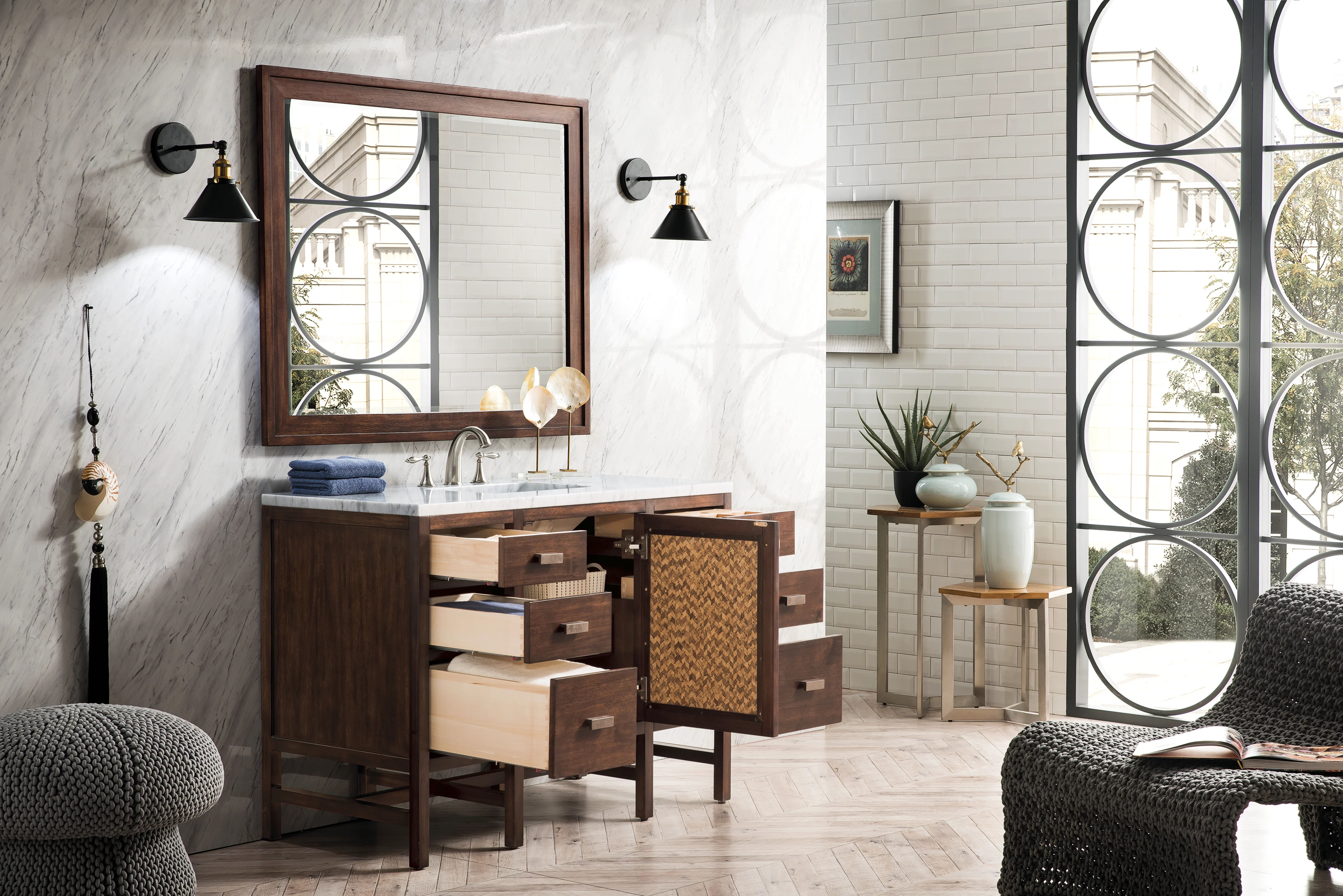 Addison 48" Single Vanity, Mid-Century Acacia w/ 3 CM Carrara White Top