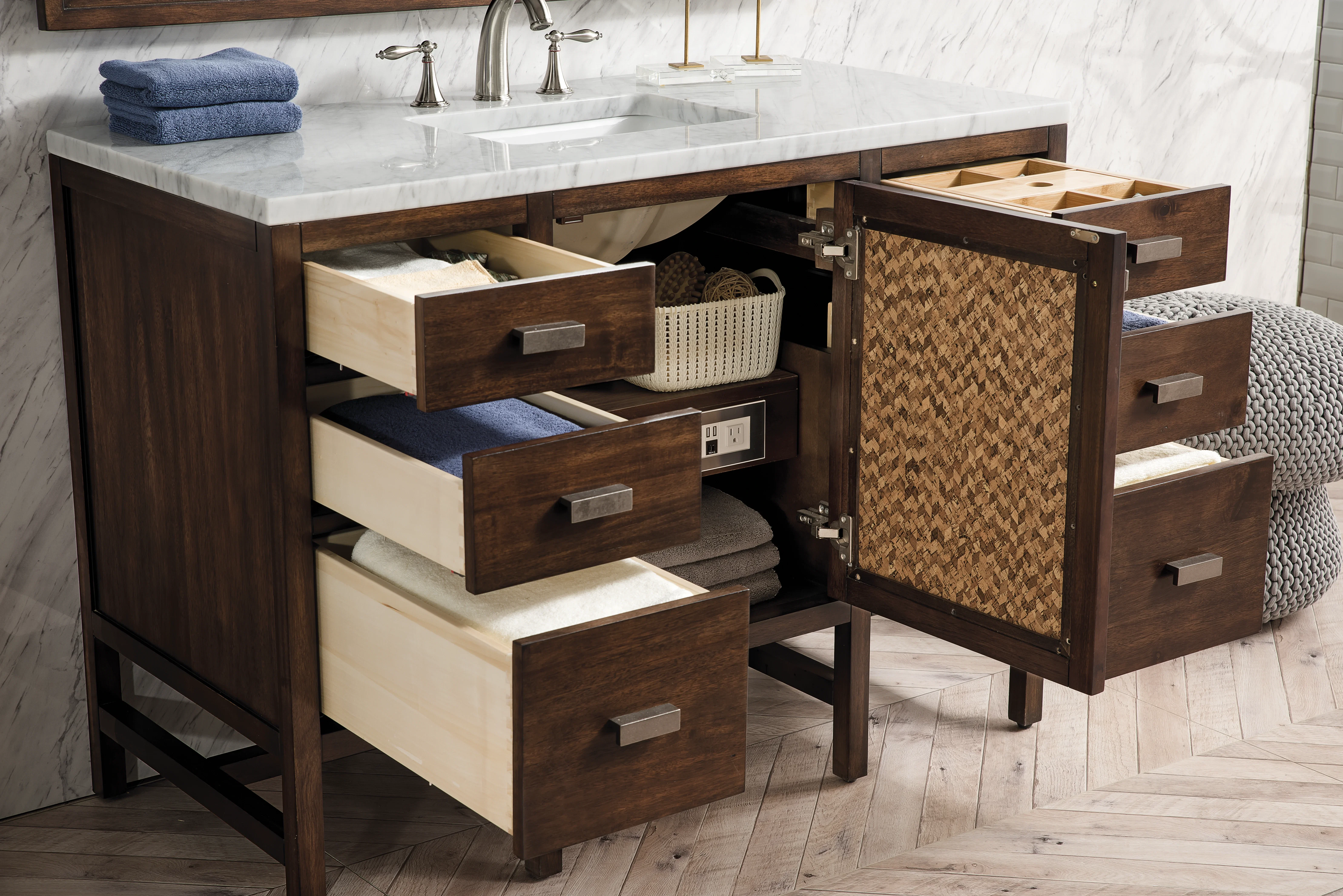 Addison 48" Single Vanity, Mid-Century Acacia w/ 3 CM Carrara White Top