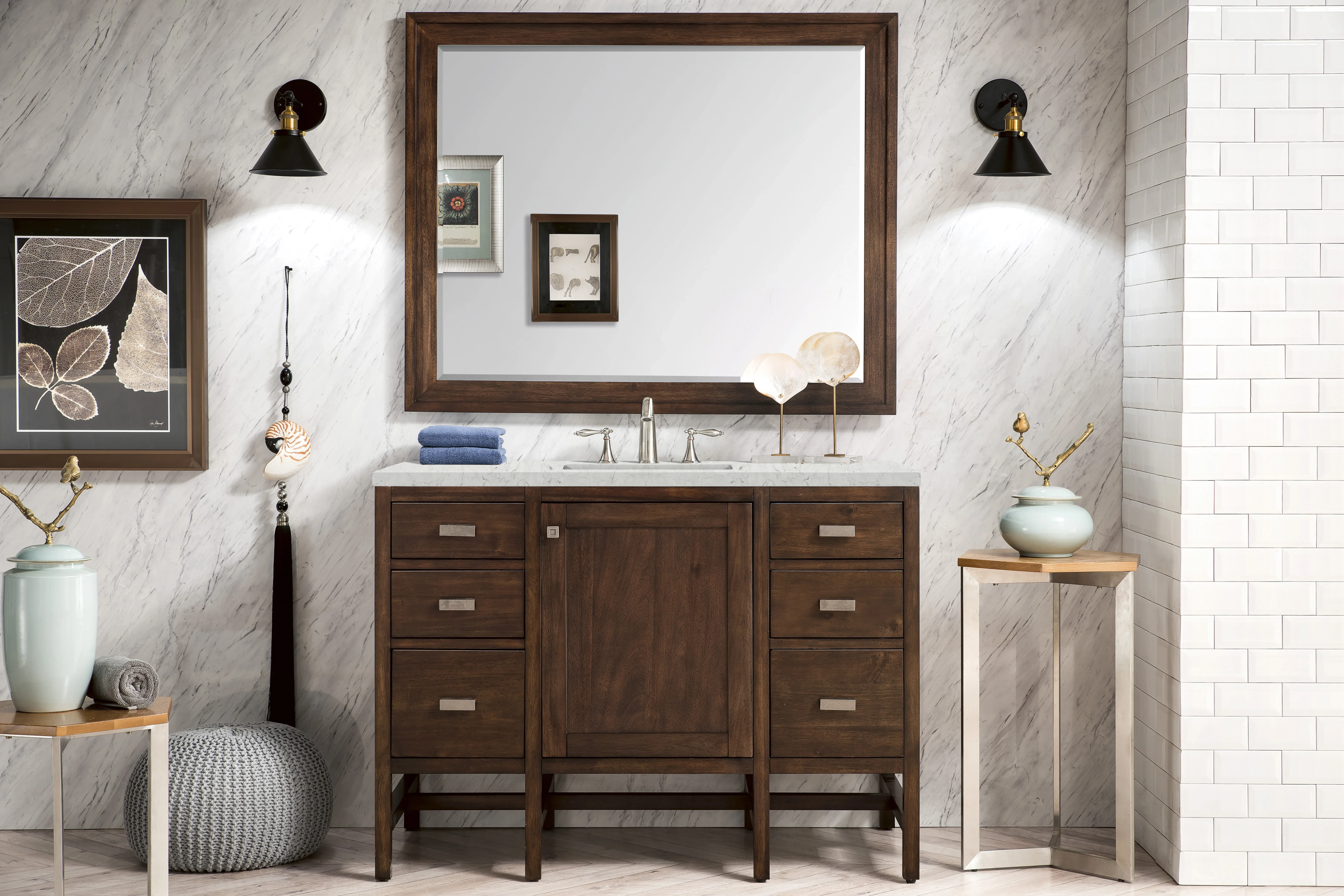 Addison 48" Single Vanity, Mid-Century Acacia w/ 3 CM Eternal Jasmine Pearl Silestone Top